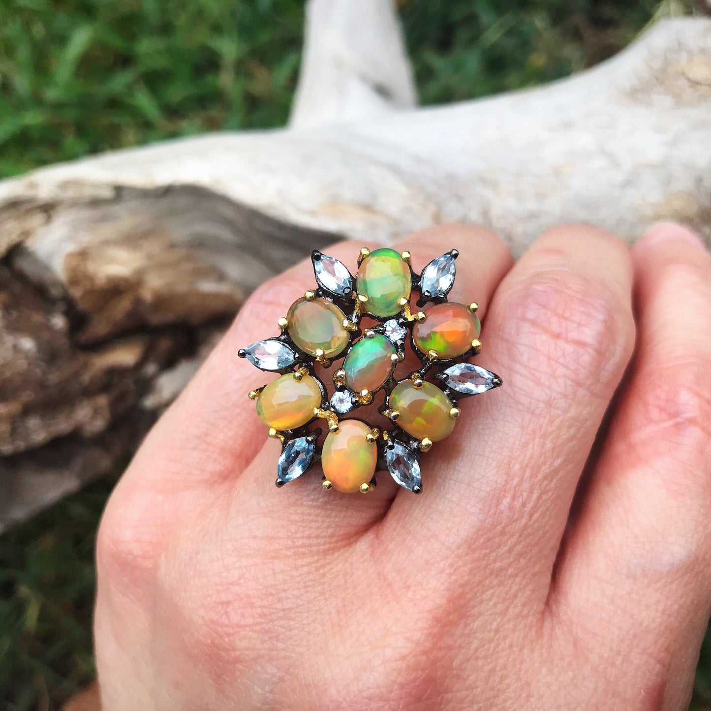 Natural Rainbow opal organic topaz  Sterling Silver statement Ring 7 Colors Of Etnika