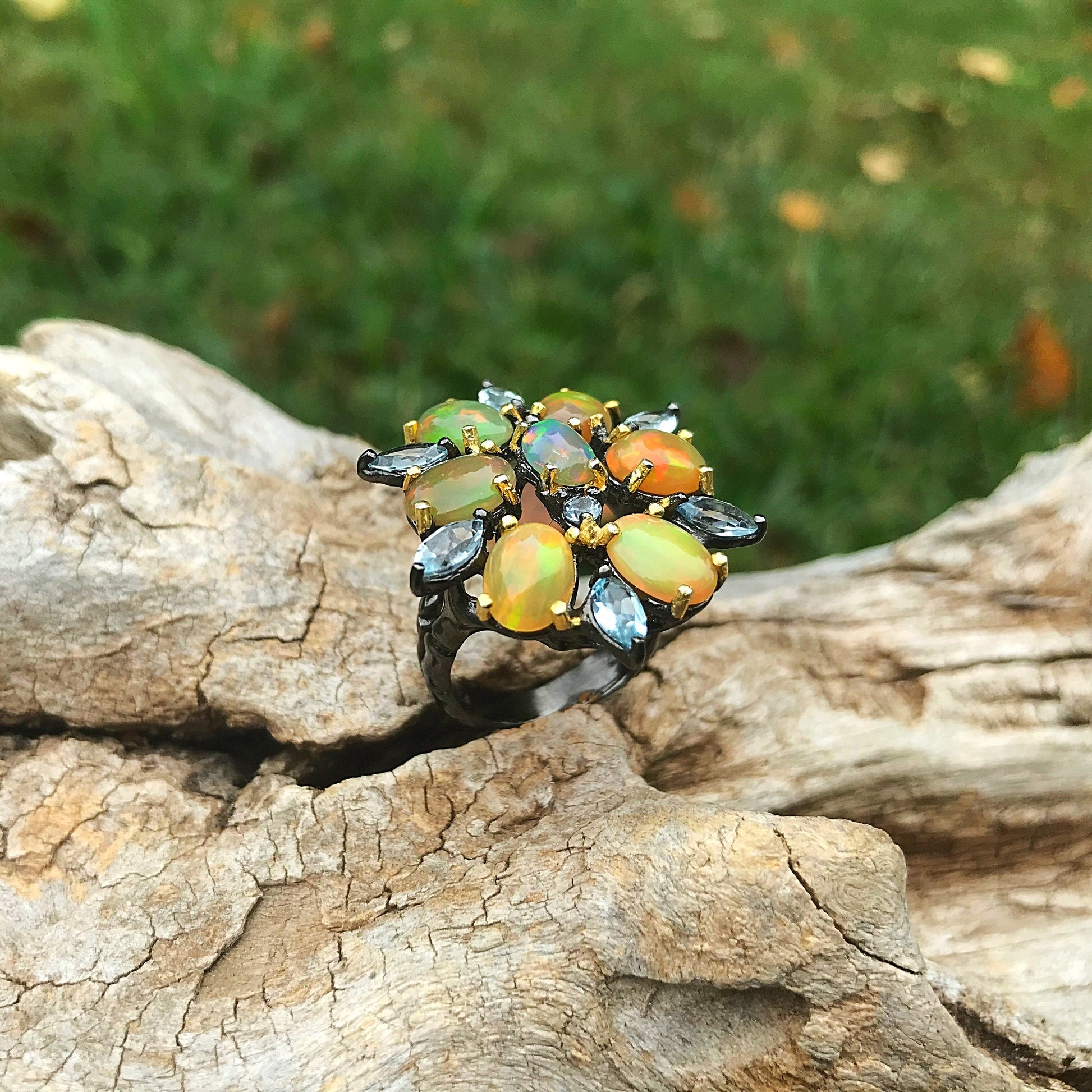 Natural Rainbow opal organic topaz  Sterling Silver statement Ring 7 Colors Of Etnika