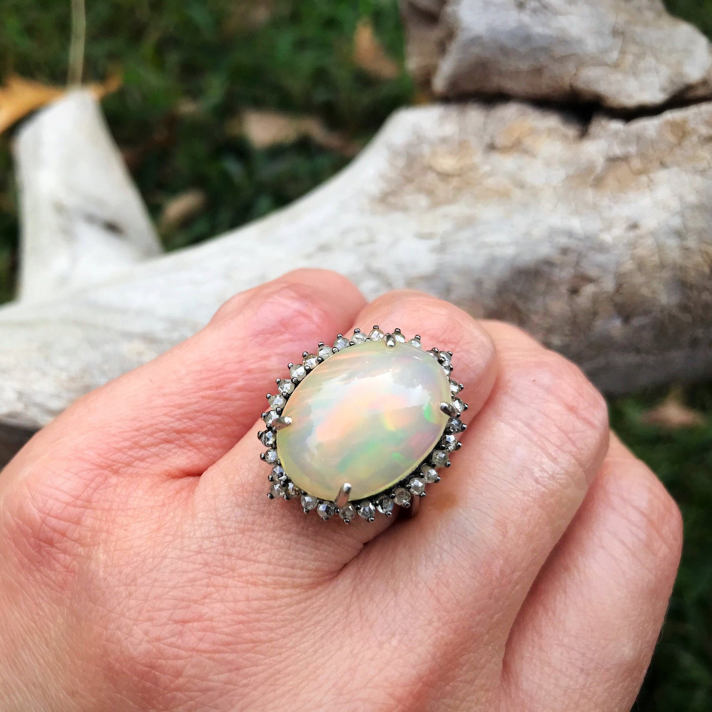 sterling silver Natural Fire Opal 32 Natural Diamonds engagement promise ring 6 Colors Of Etnika