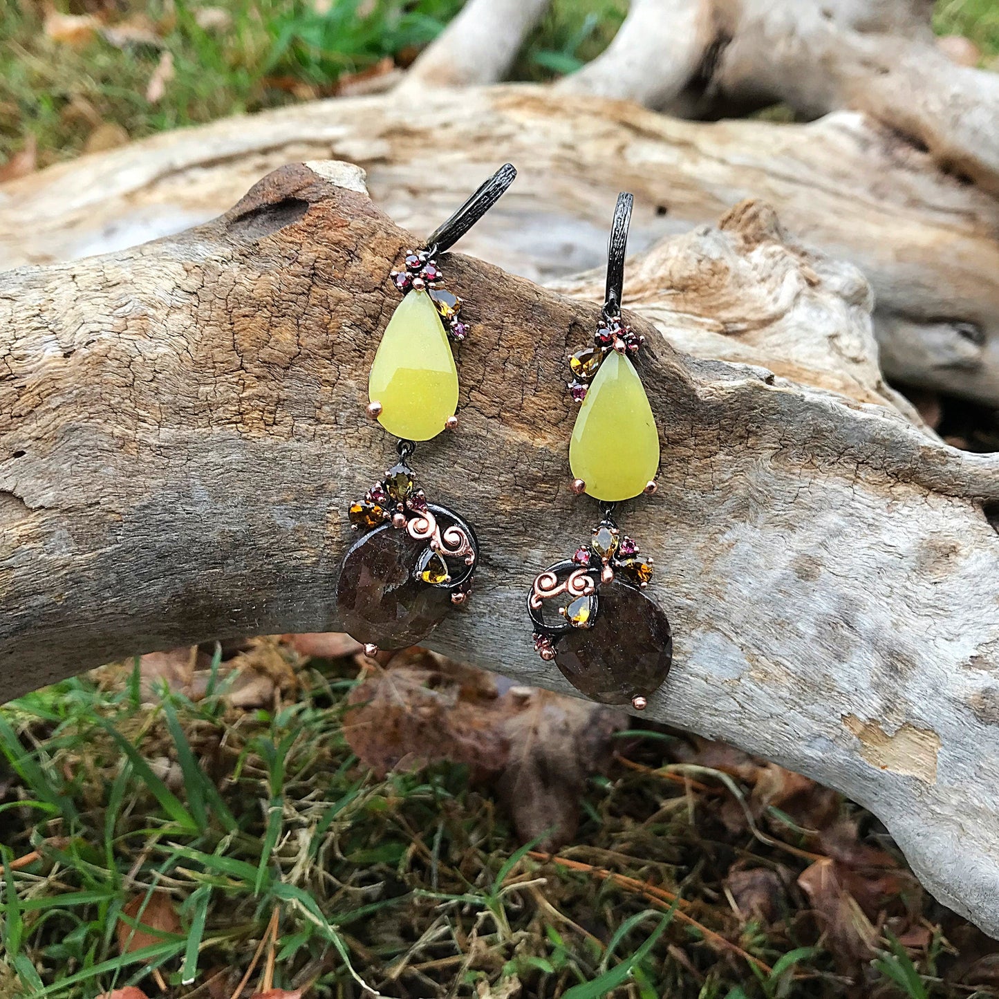 Sterling silver natural sapphire brown yellow tourmaline statement earrings Colors Of Etnika