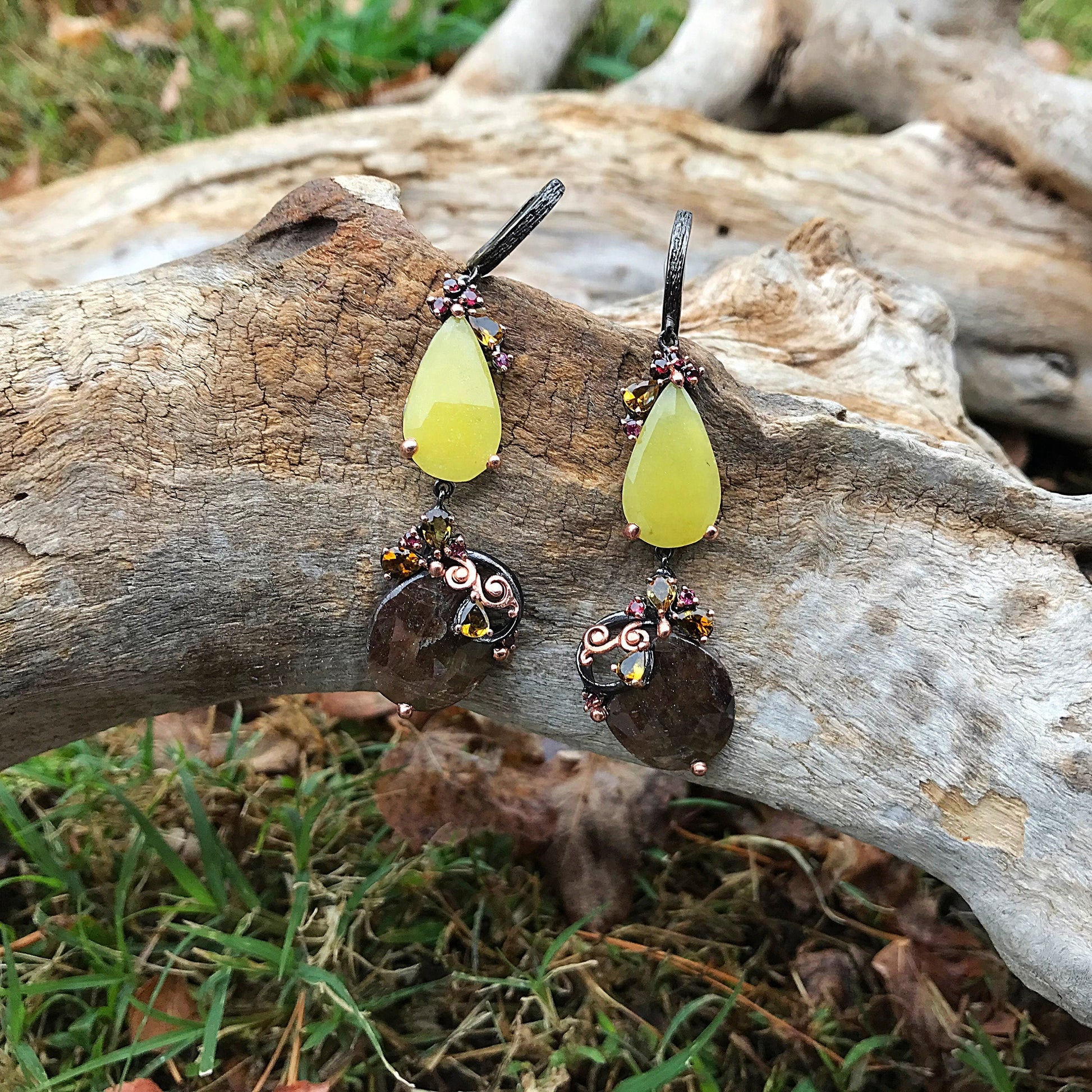Sterling silver natural sapphire brown yellow tourmaline statement earrings Colors Of Etnika