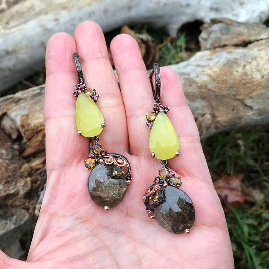 Sterling silver natural sapphire brown yellow tourmaline statement earrings