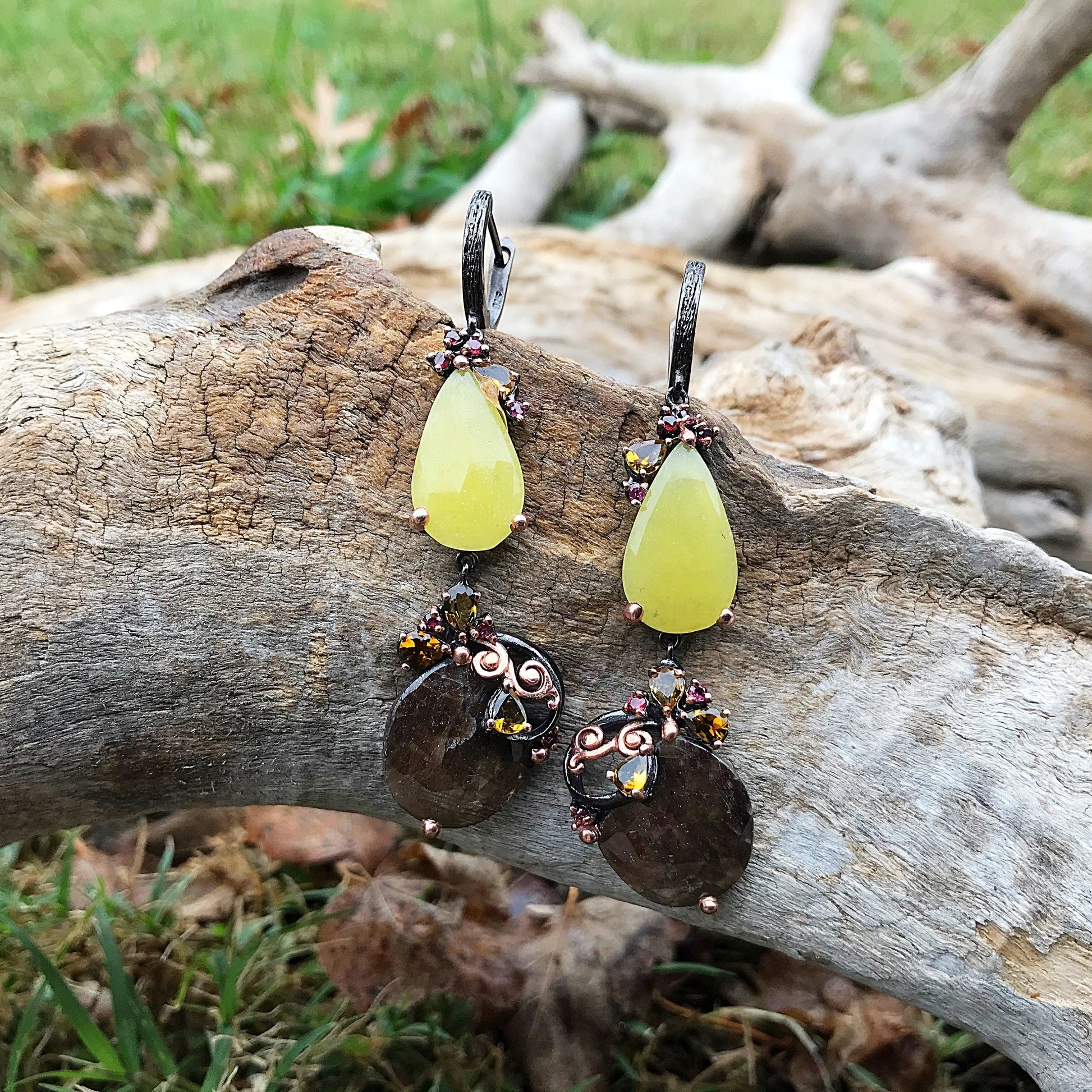 Sterling silver natural sapphire brown yellow tourmaline statement earrings Colors Of Etnika