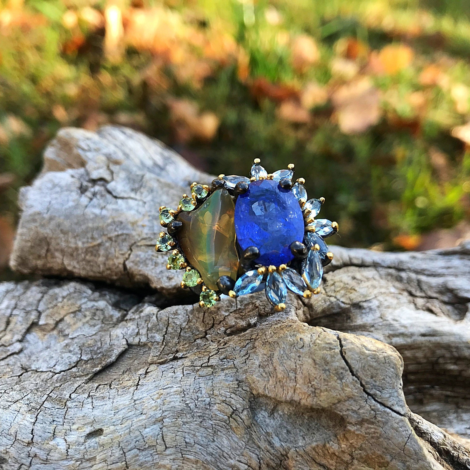 sterling silver Natural Fire Opal sapphire statement Ring 7.5 Colors Of Etnika