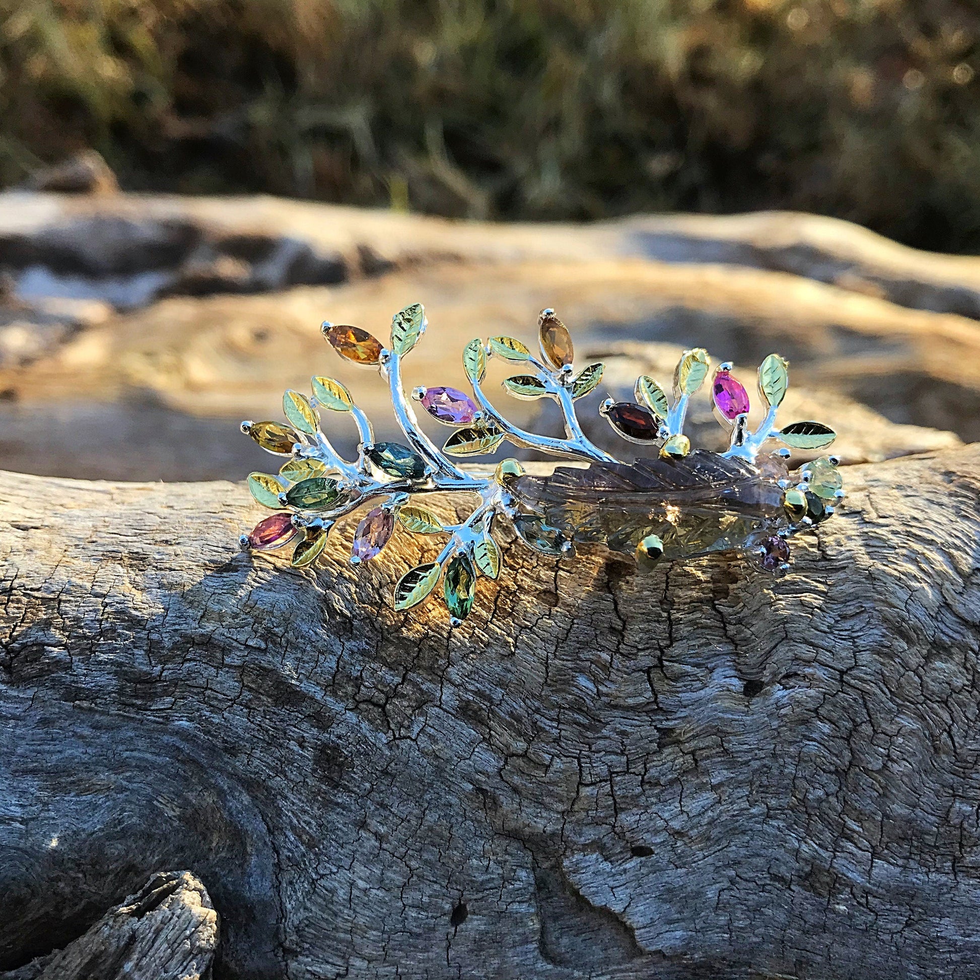 Sterling silver Natural  tourmaline leaf twig branch  brooch Colors Of Etnika
