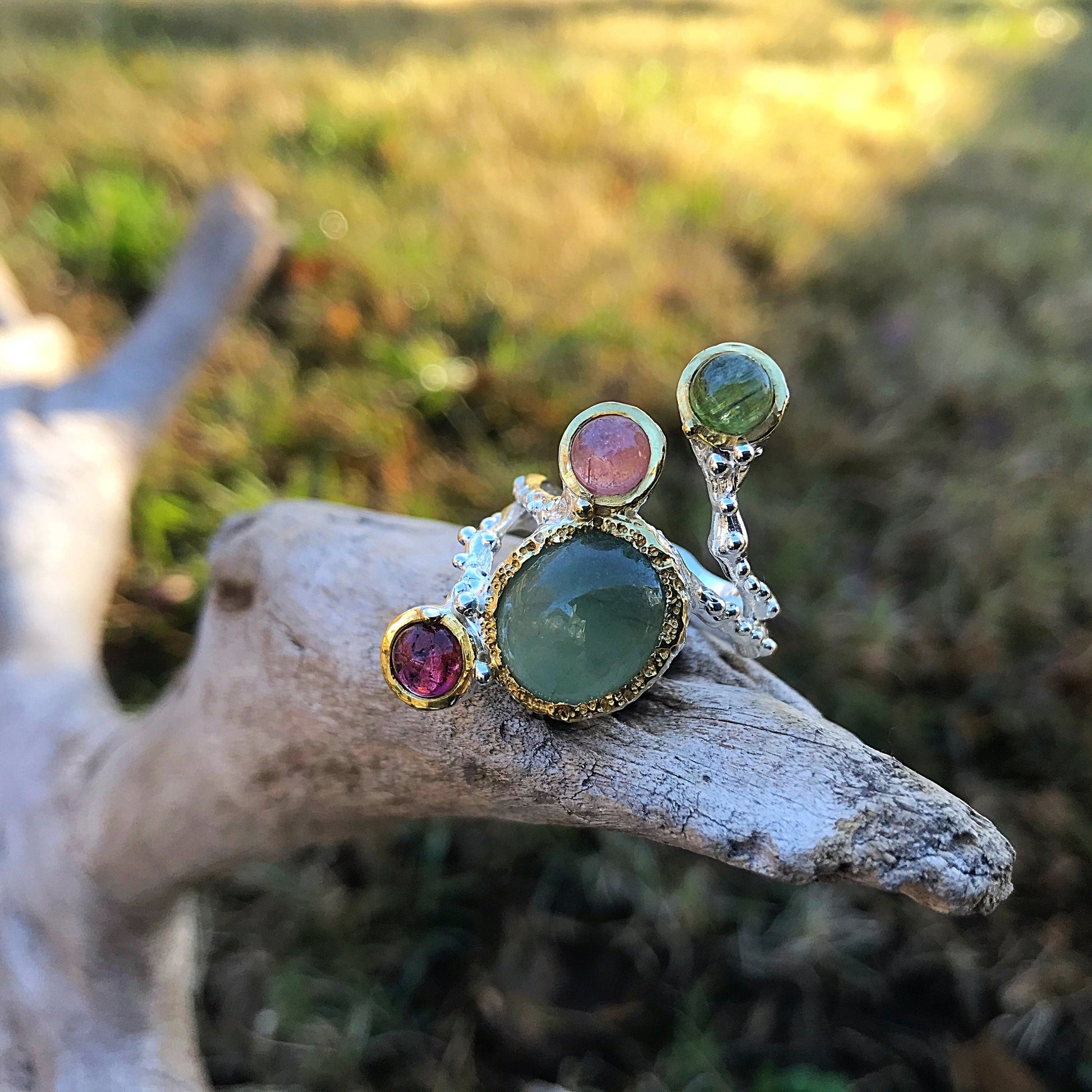 Handmade Sterling Silver Natural Green jade tourmaline ring 7.5 Colors Of Etnika