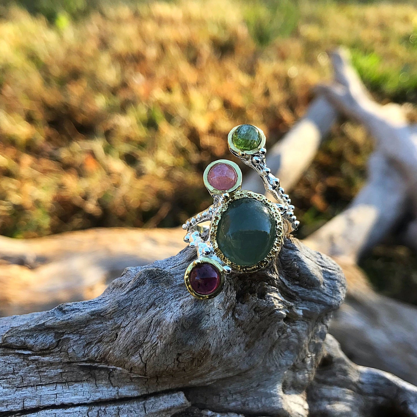 Handmade Sterling Silver Natural Green jade tourmaline ring 7.5 Colors Of Etnika