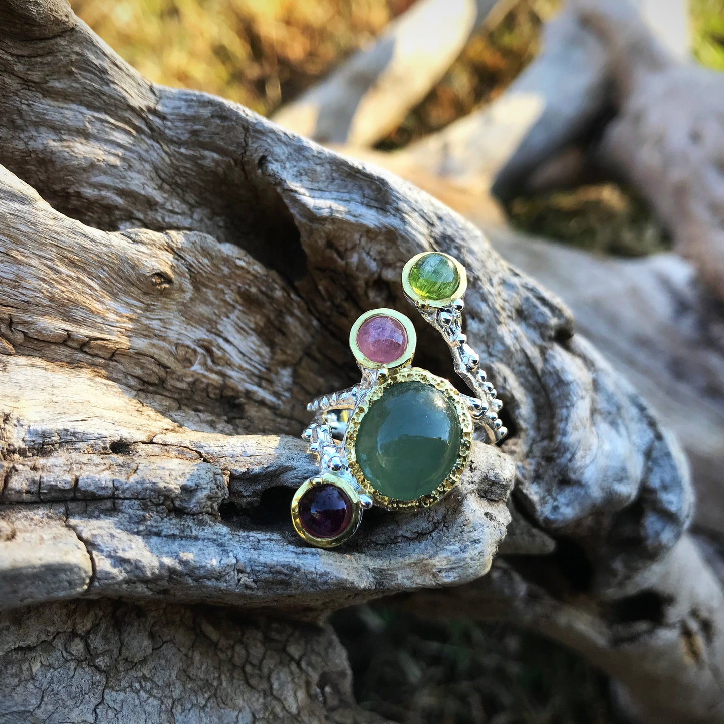 Handmade Sterling Silver Natural Green jade tourmaline ring 7.5 Colors Of Etnika