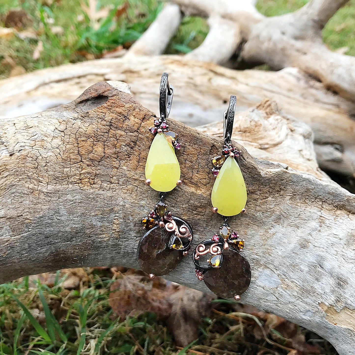 Sterling silver natural sapphire brown yellow tourmaline statement earrings Colors Of Etnika