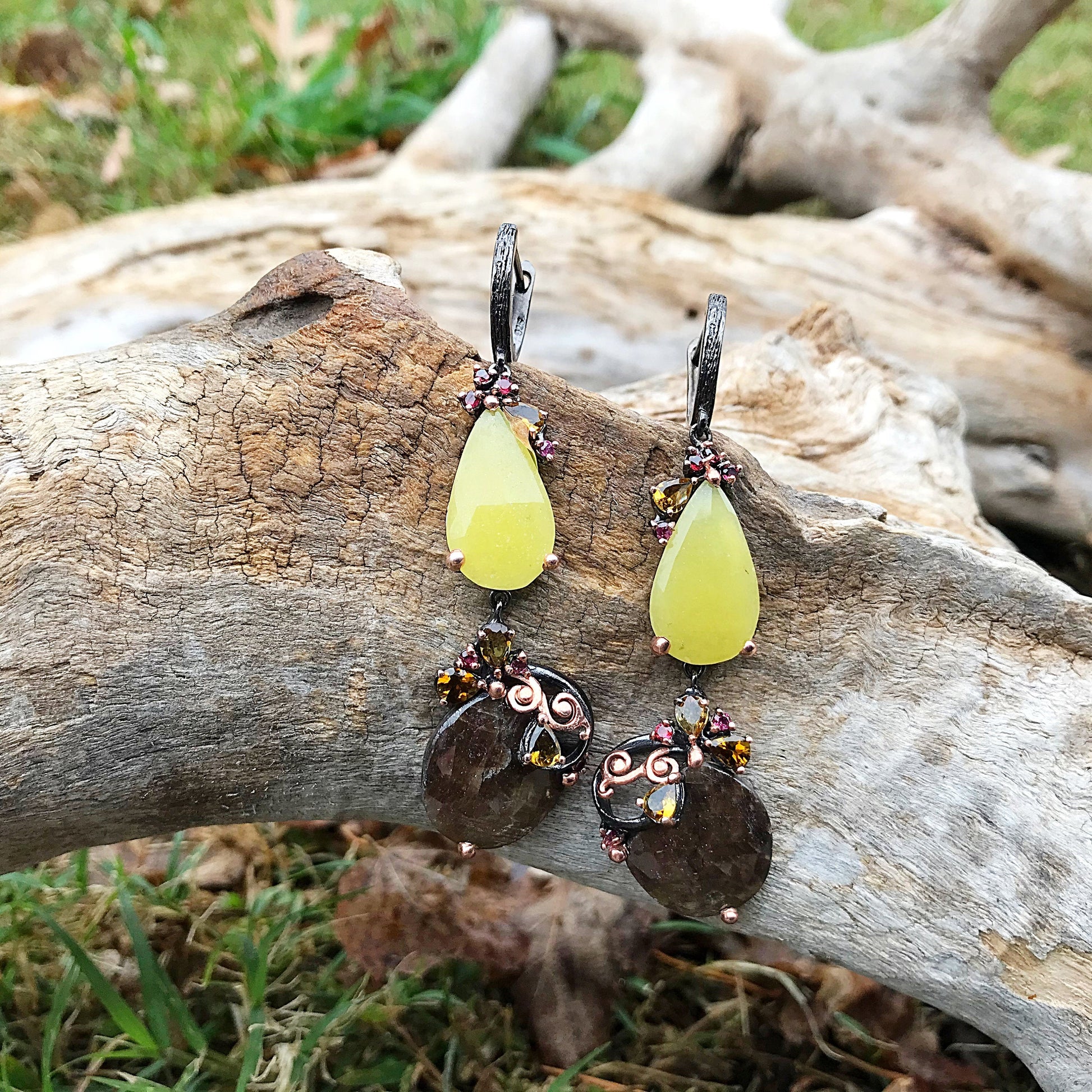 Sterling silver natural sapphire brown yellow tourmaline statement earrings Colors Of Etnika