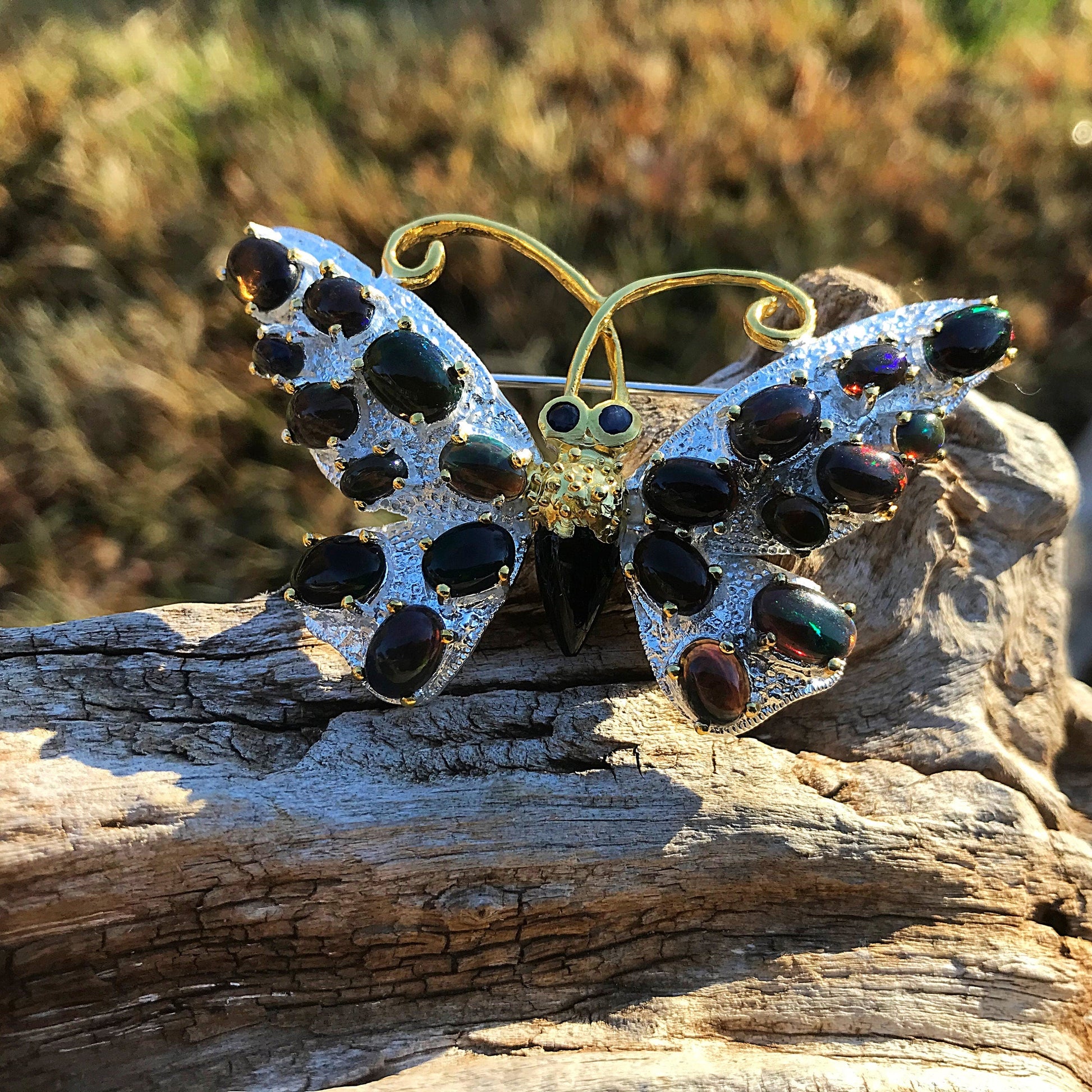 Sterling silver  Natural Rainbow Black Opal butterfly brooch pin Colors Of Etnika