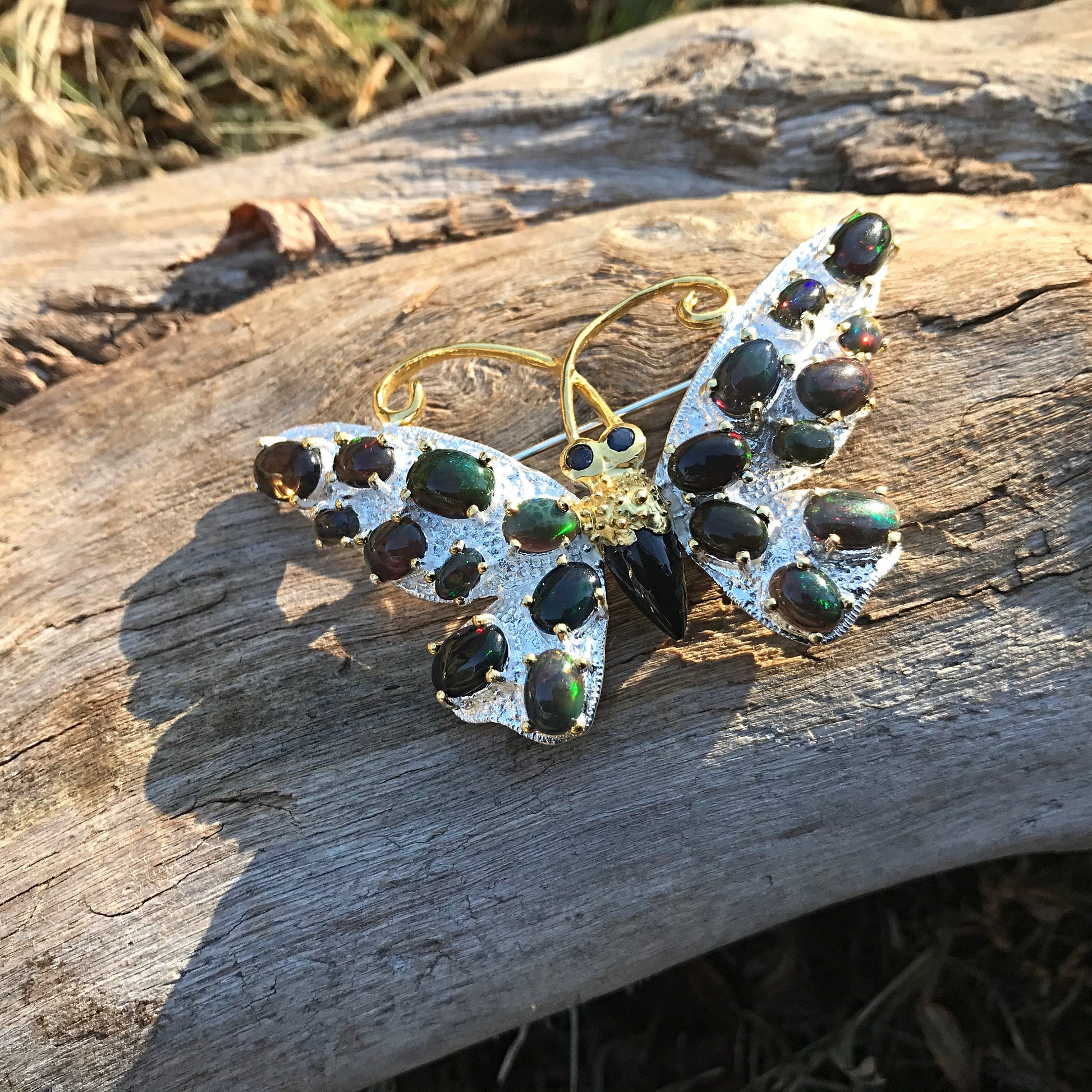 Sterling silver  Natural Rainbow Black Opal butterfly brooch pin Colors Of Etnika