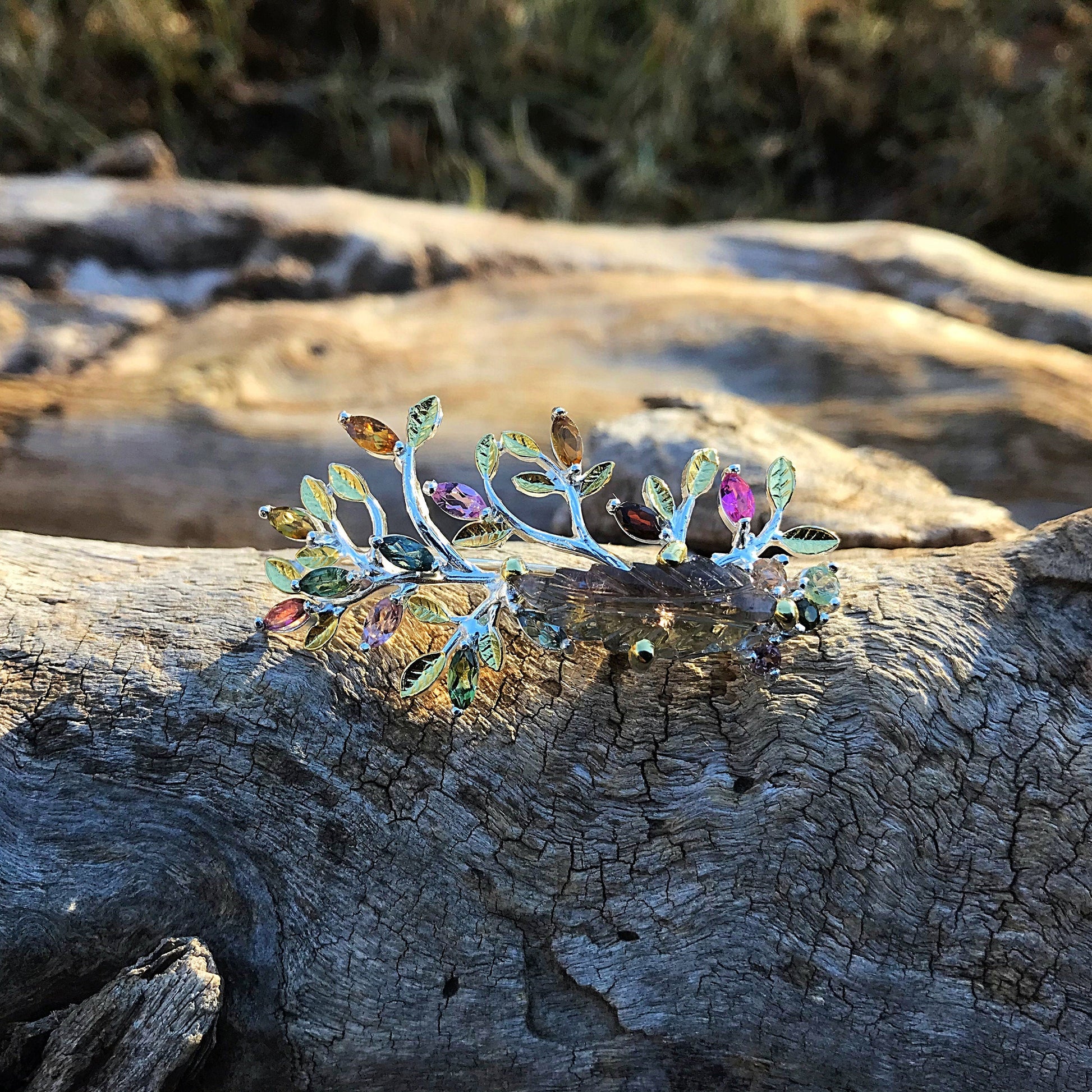 Sterling silver Natural  tourmaline leaf twig branch  brooch Colors Of Etnika