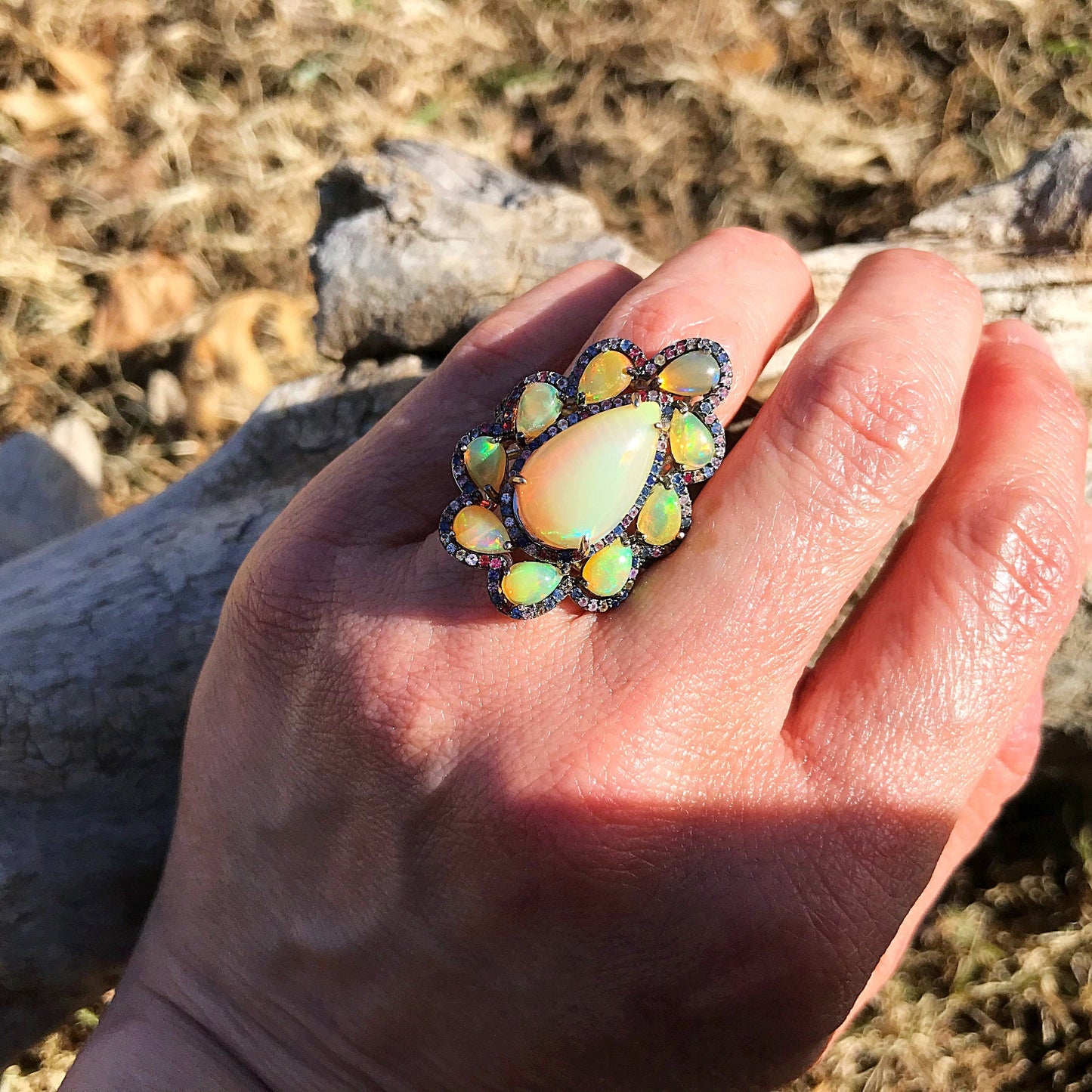 sterling silver Natural Fire Opal blue sapphire statement ring 8 Colors Of Etnika