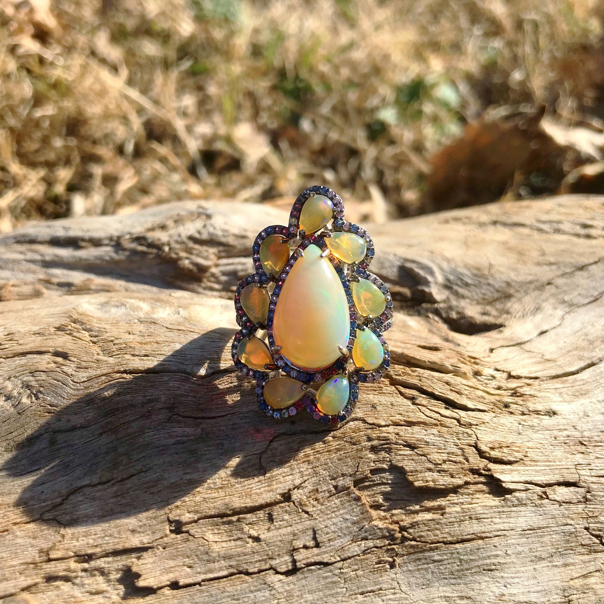 sterling silver Natural Fire Opal blue sapphire statement ring 8 Colors Of Etnika