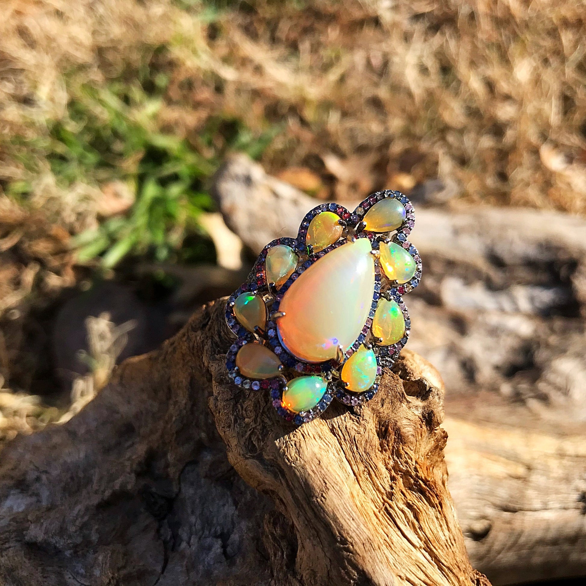 sterling silver Natural Fire Opal blue sapphire statement ring 8 Colors Of Etnika