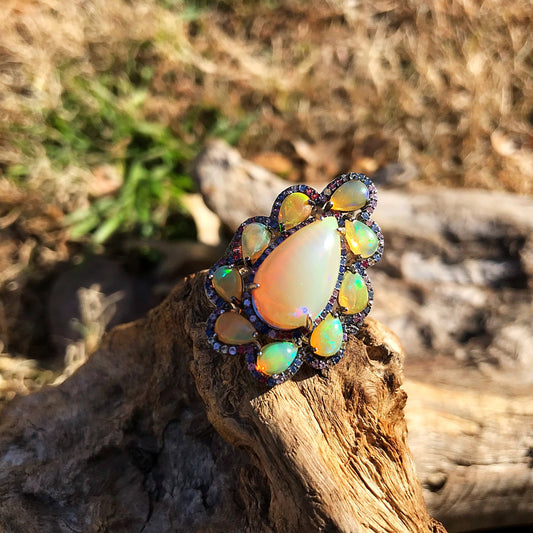 sterling silver Natural Fire Opal blue sapphire statement ring 8