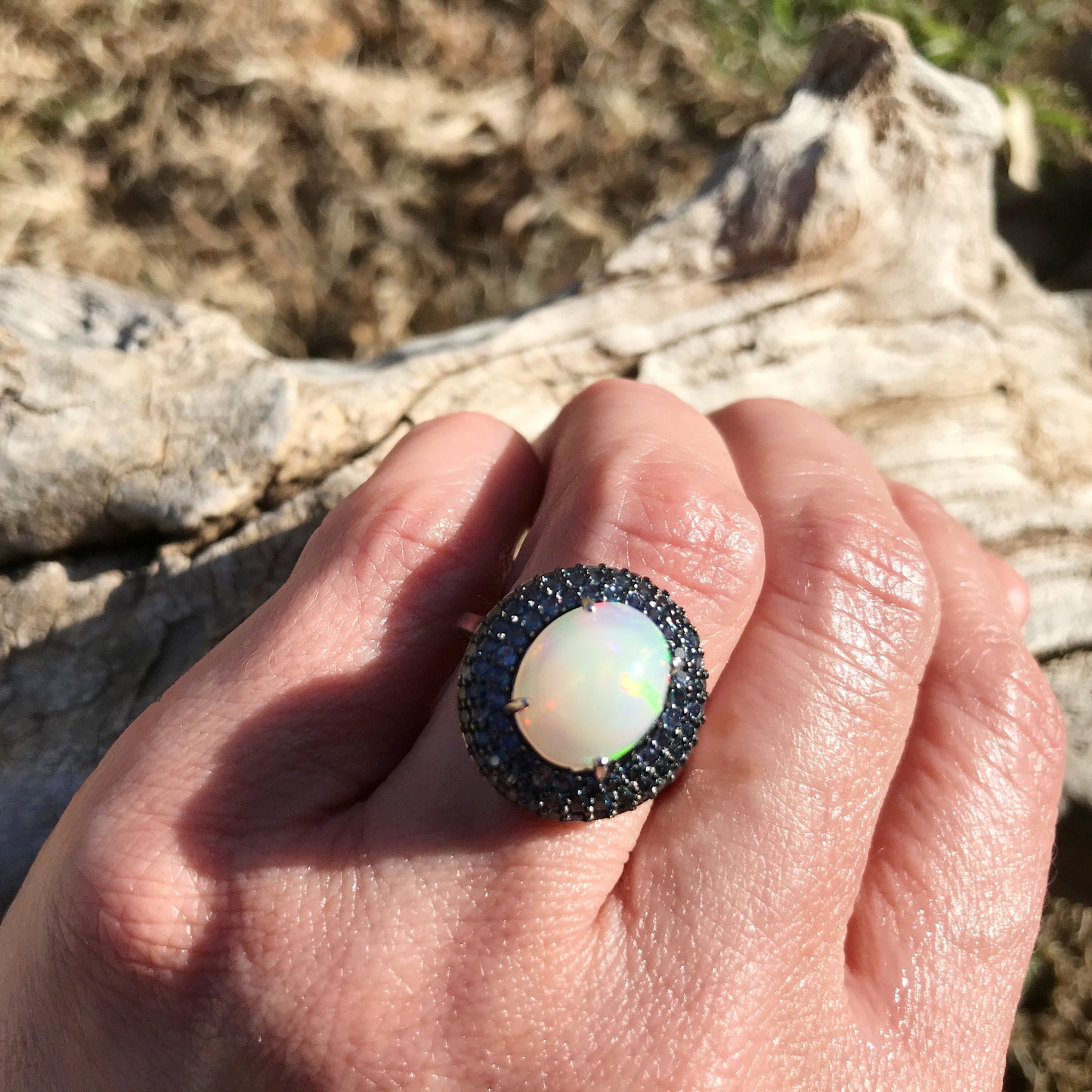 sterling silver Natural Fire Opal blue sapphire statement ring 7 Colors Of Etnika