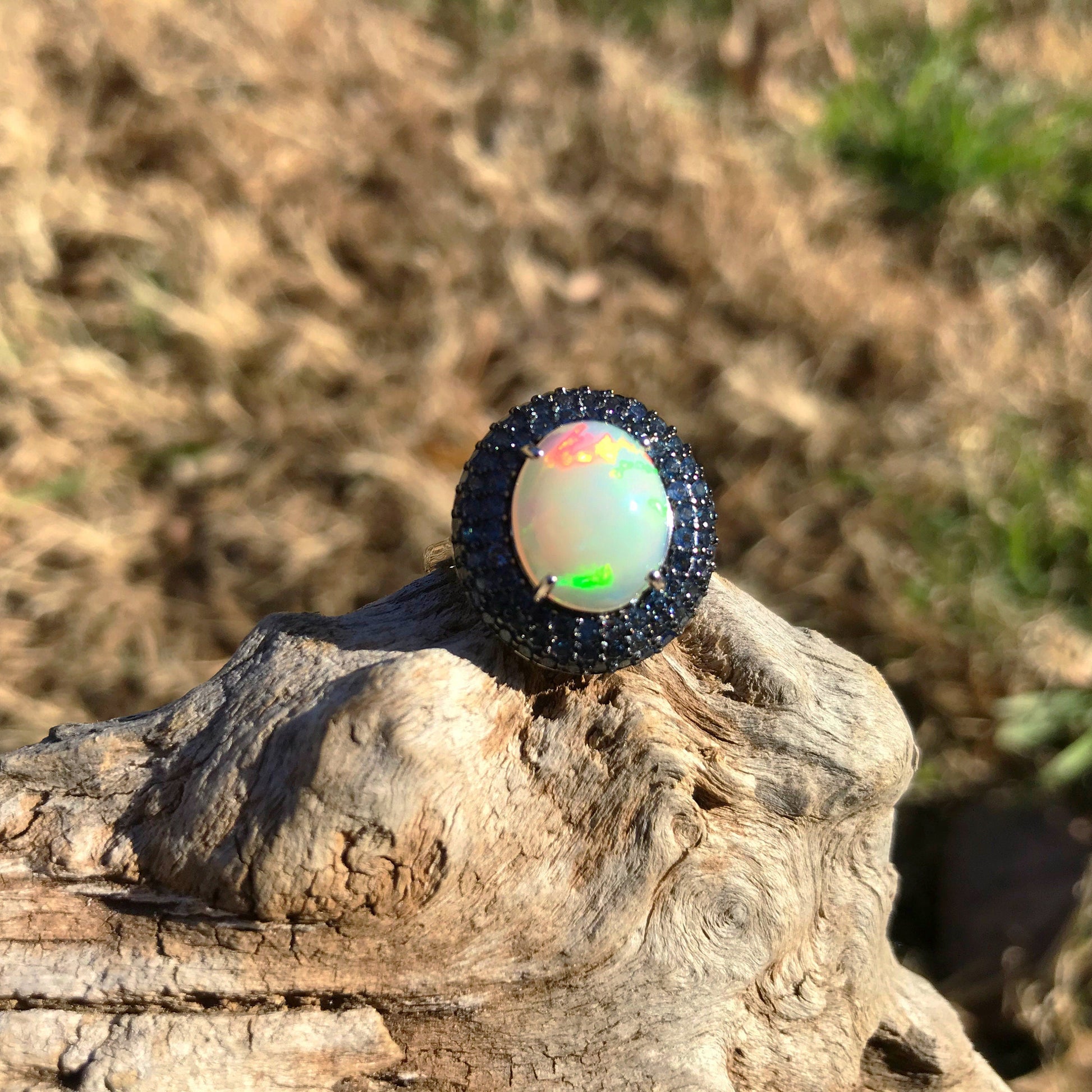 sterling silver Natural Fire Opal blue sapphire statement ring 7 Colors Of Etnika