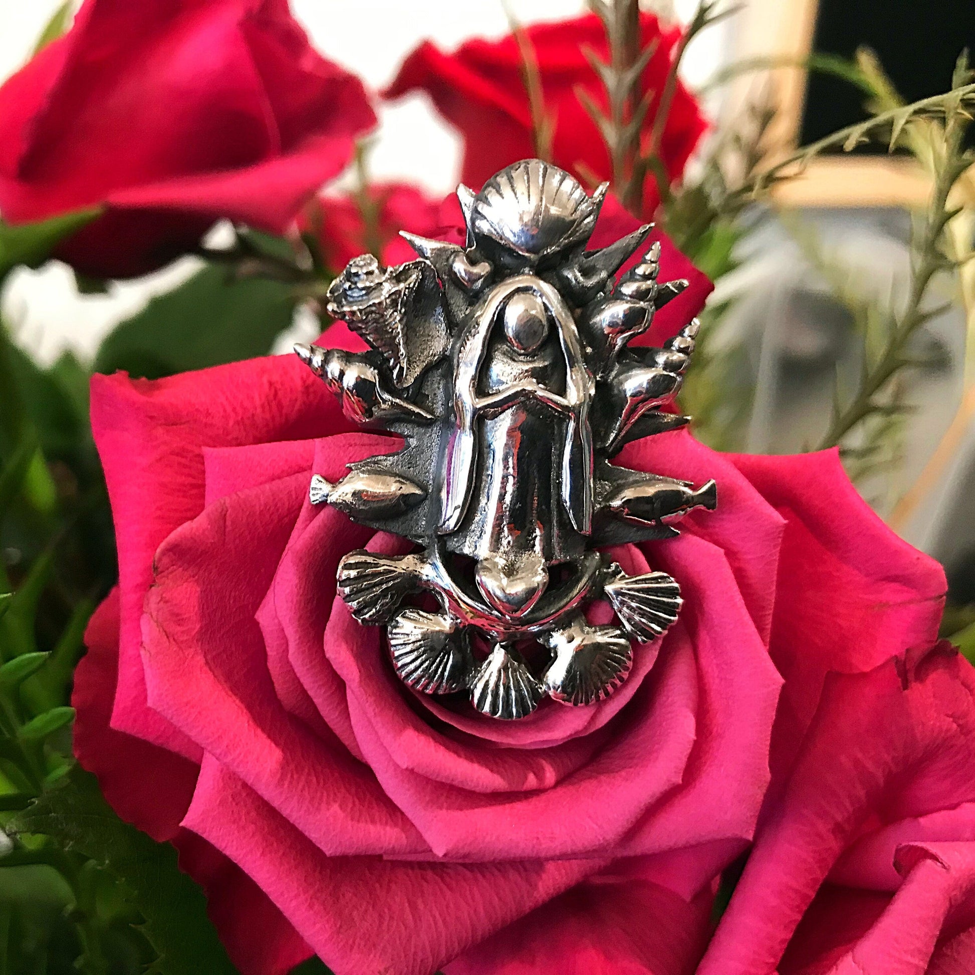 Handmade Sterling Silver statement Madonna ring Virgen Guadalupe adjustable ring Colors Of Etnika