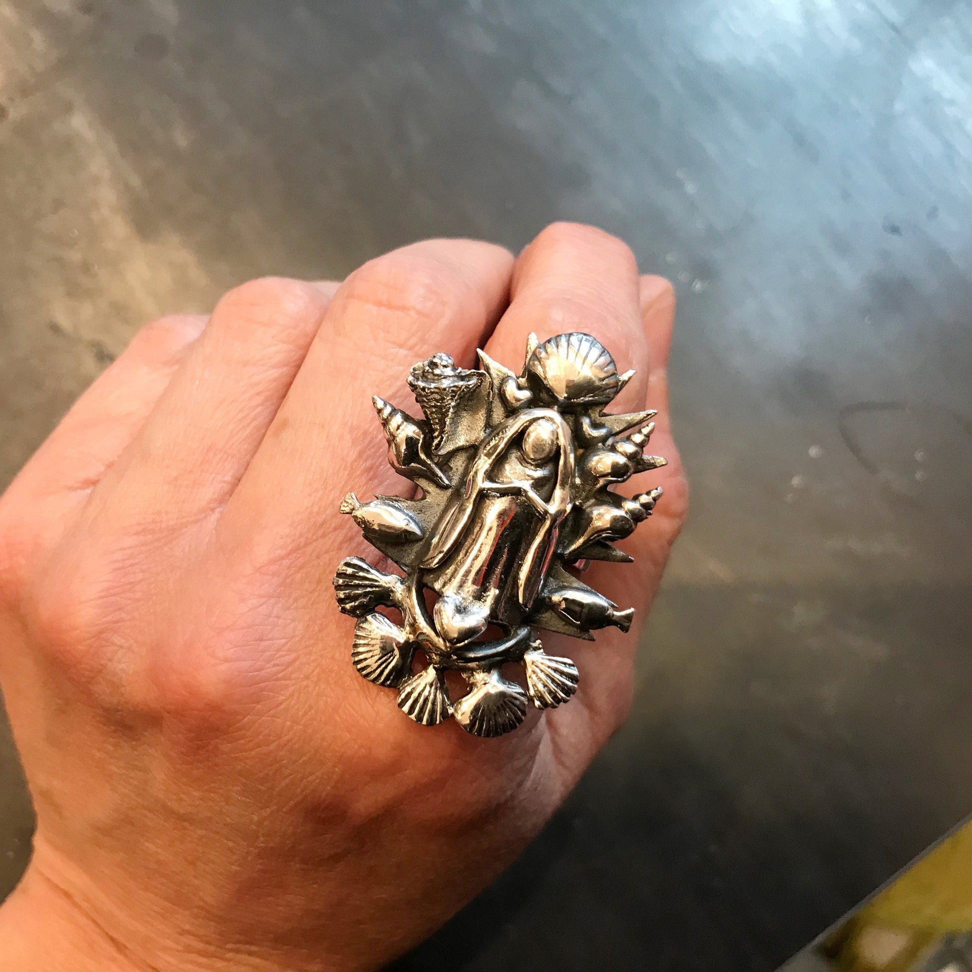 Handmade Sterling Silver statement Madonna ring Virgen Guadalupe adjustable ring Colors Of Etnika
