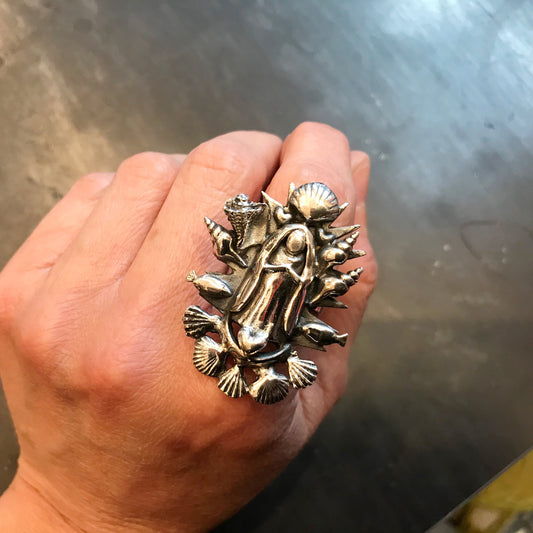 Handmade Sterling Silver statement Madonna ring Virgen Guadalupe adjustable ring
