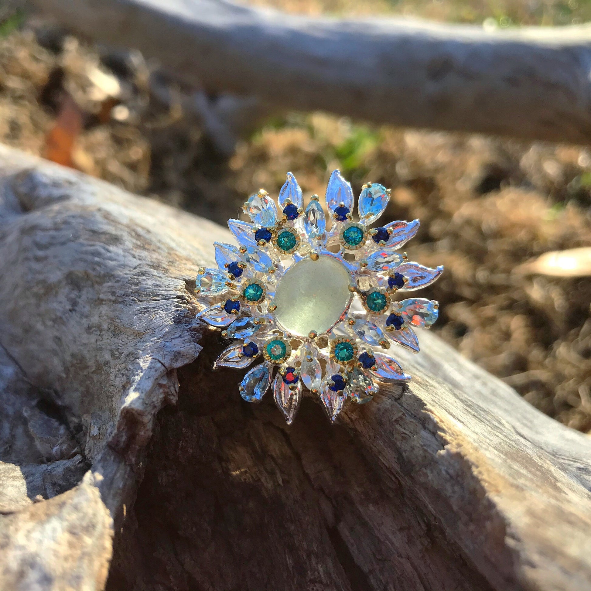 Sterling Silver Flower Natural Aquamarine Statement ring 6.5 Colors Of Etnika