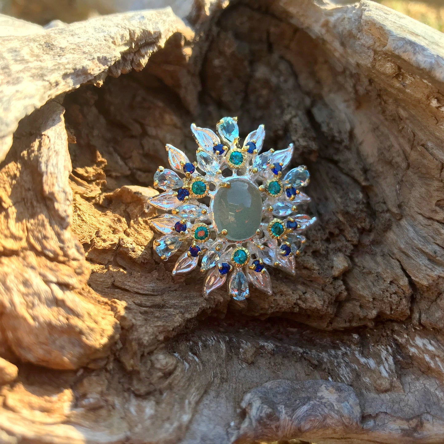 Sterling Silver Flower Natural Aquamarine Statement ring 6.5 Colors Of Etnika