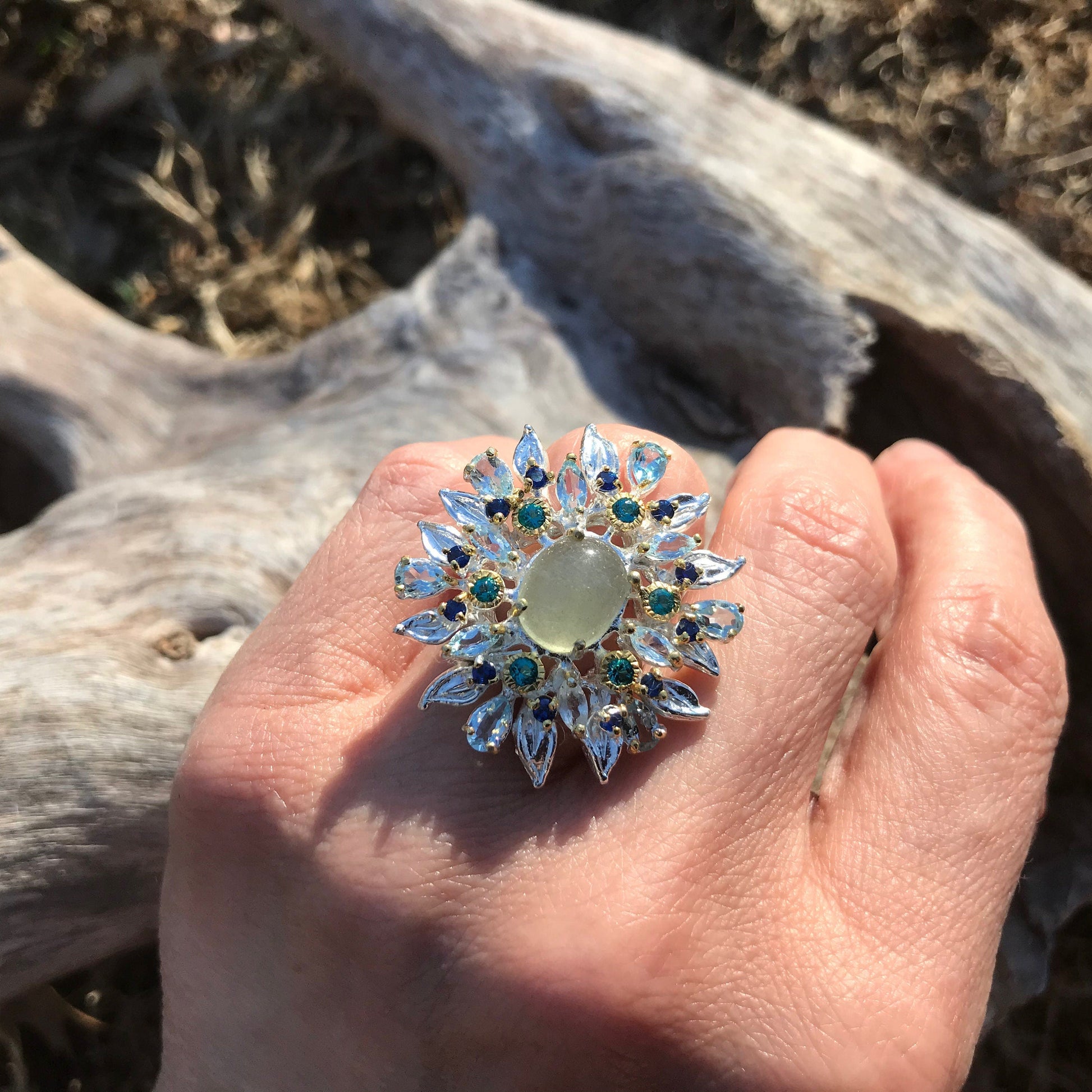 Sterling Silver Flower Natural Aquamarine Statement ring 6.5 Colors Of Etnika