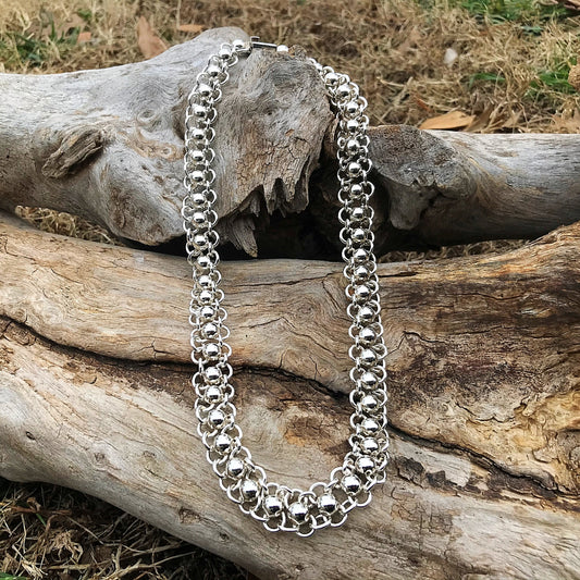 Sterling Silver Vintage Taxco Collar modernist heavy chain bead Necklace