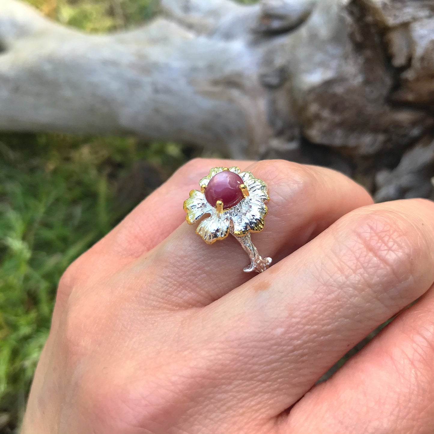 Sterling silver handmade red star ruby ring flower 6.5 Colors Of Etnika