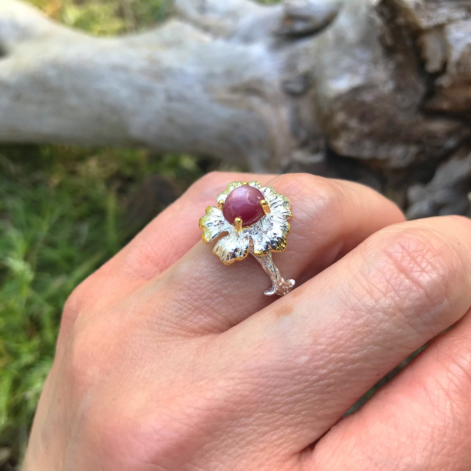 Sterling silver handmade red star ruby ring flower 6.5 Colors Of Etnika