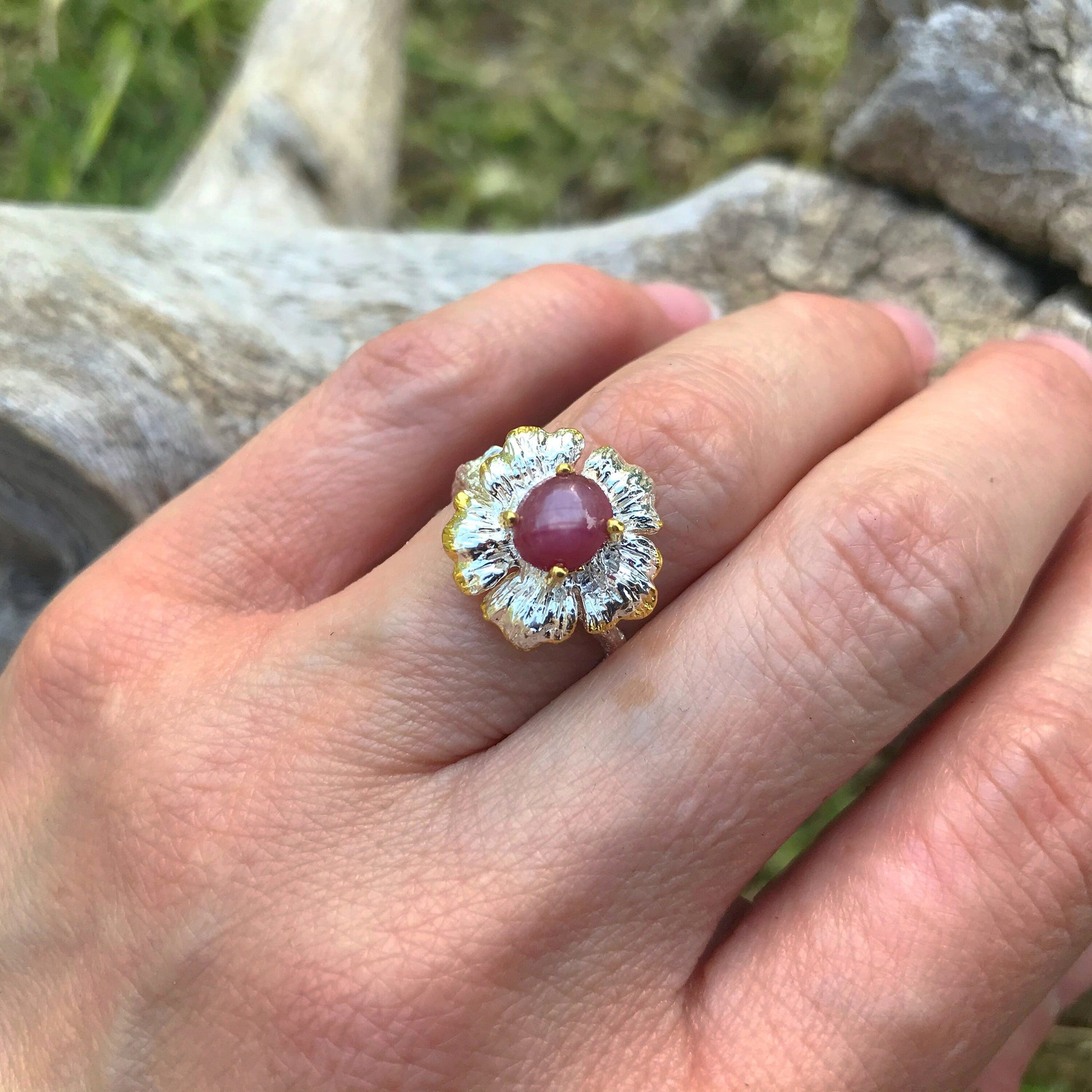 Sterling silver handmade red star ruby ring flower 6.5 Colors Of Etnika