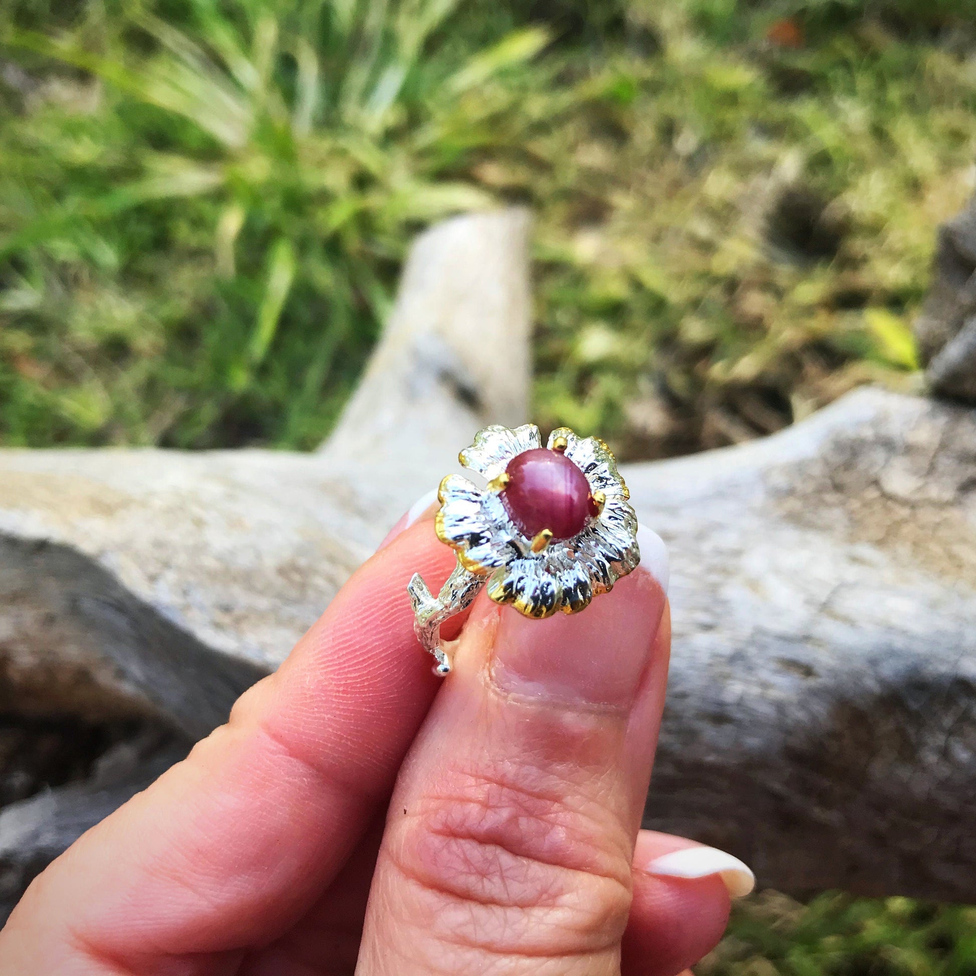 Sterling silver handmade red star ruby ring flower 6.5 Colors Of Etnika