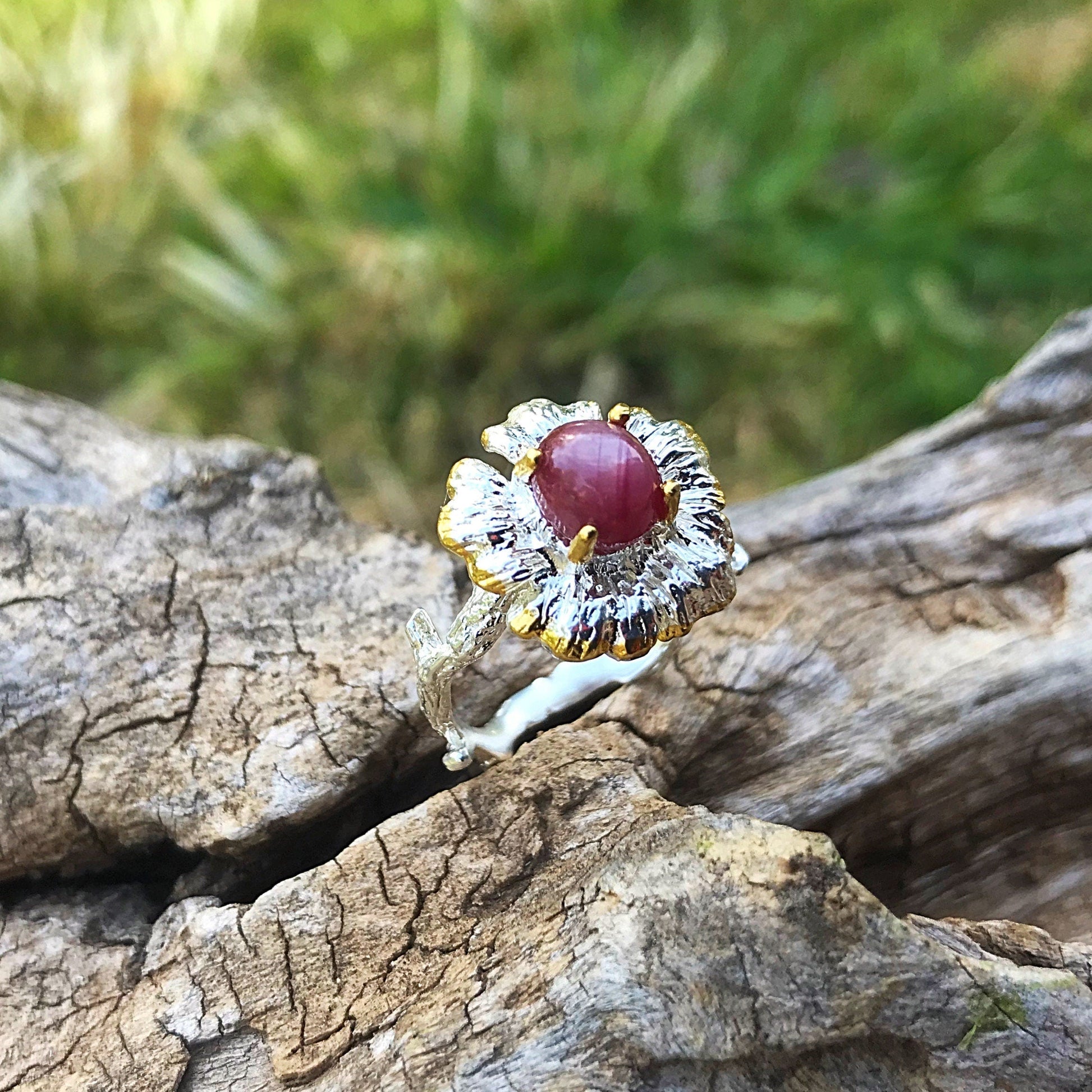Sterling silver handmade red star ruby ring flower 6.5 Colors Of Etnika