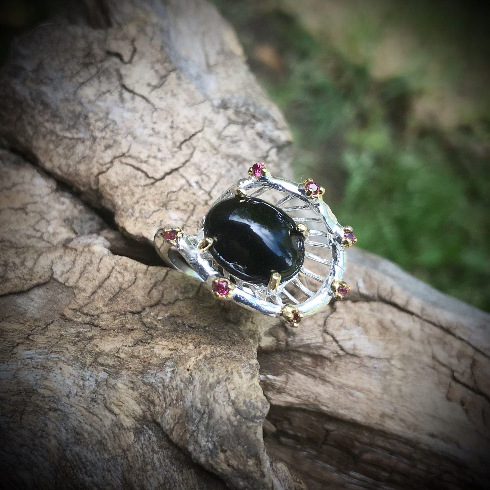 Sterling Silver Handmade natural black spinel ring 6.5 Colors Of Etnika