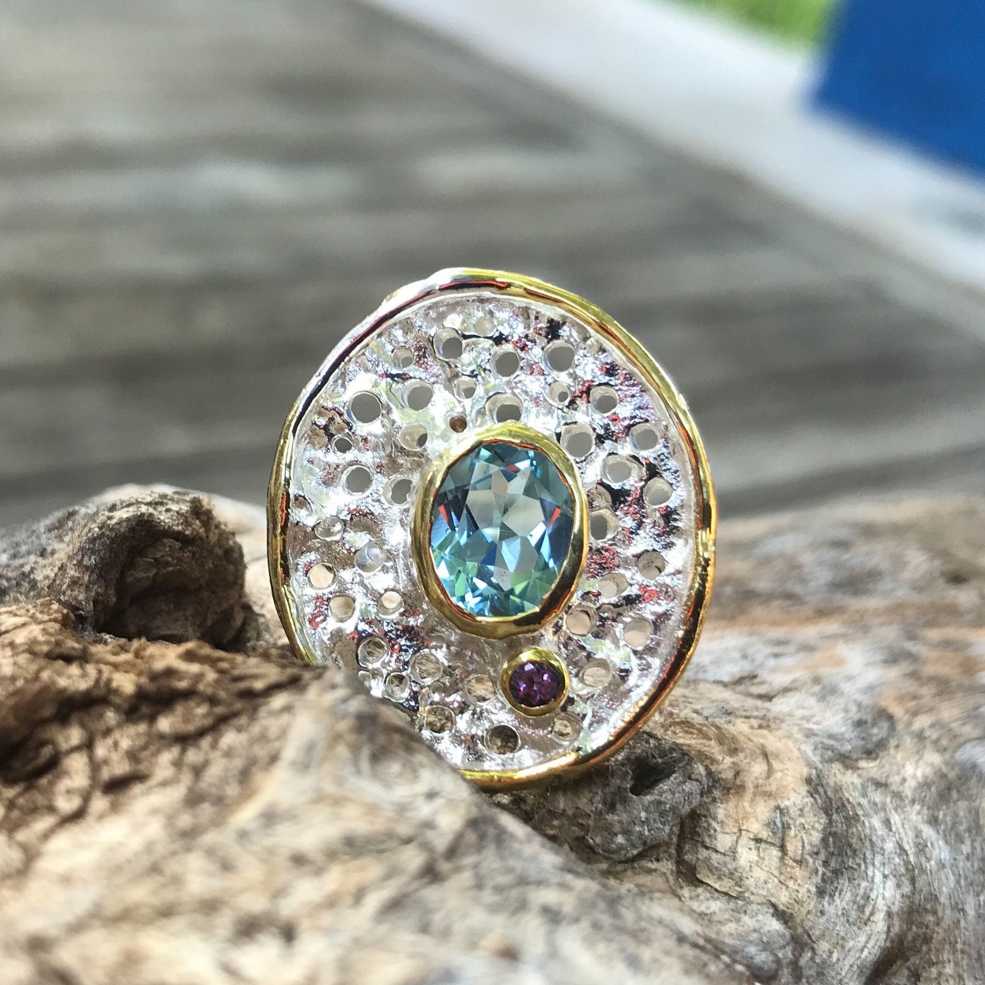 Sterling Silver blue topaz sapphire ring 6.5 Colors Of Etnika