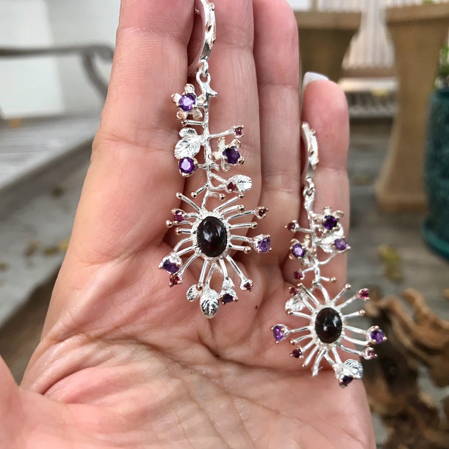 Sterling Silver Rainbow Natural black Opal long earrings Colors Of Etnika