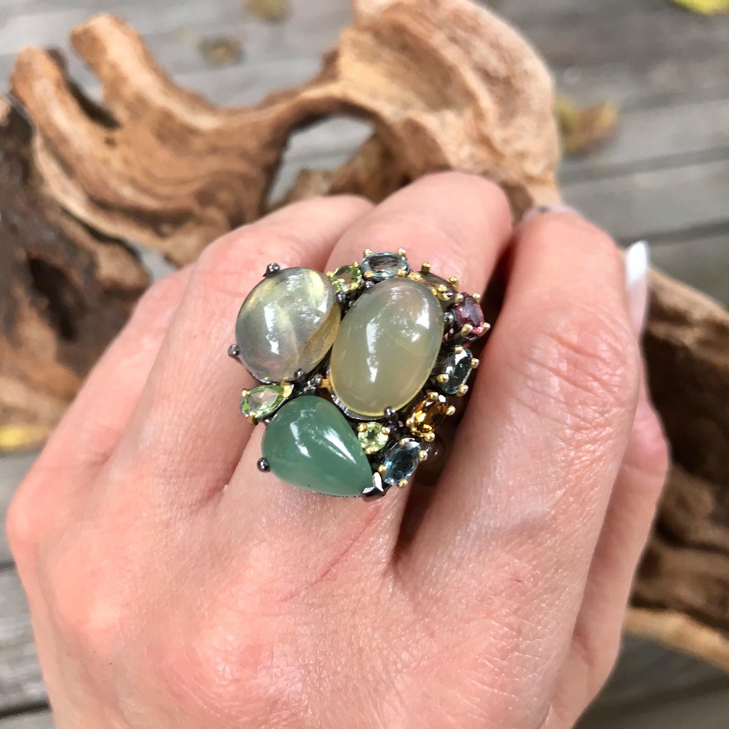 Sterling Silver natural Opal Labradorite Statement 8.5 Colors Of Etnika