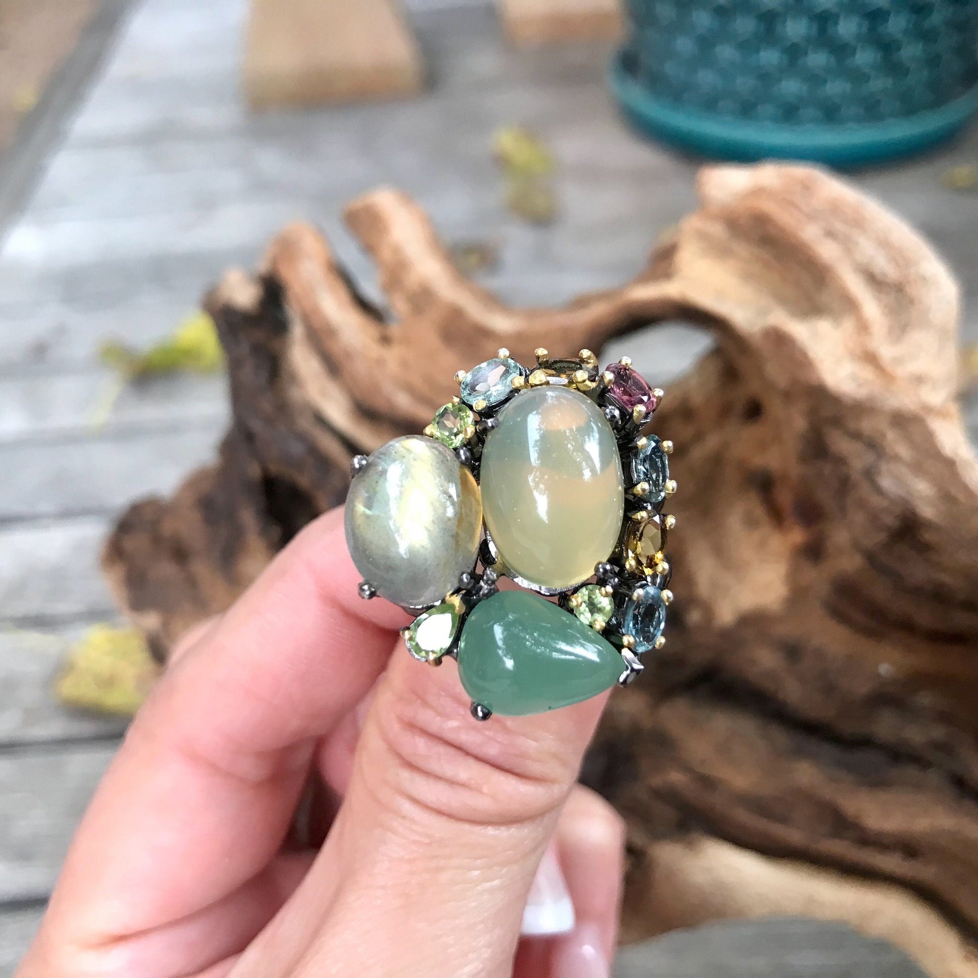 Sterling Silver natural Opal Labradorite Statement 8.5 Colors Of Etnika