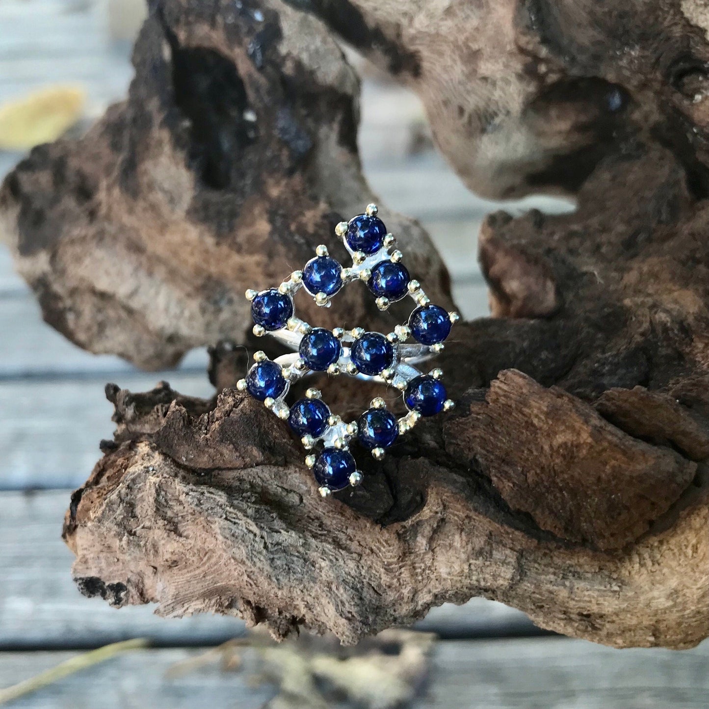 Sterling  Silver Natural Sapphire cluster Ring 6 Colors Of Etnika