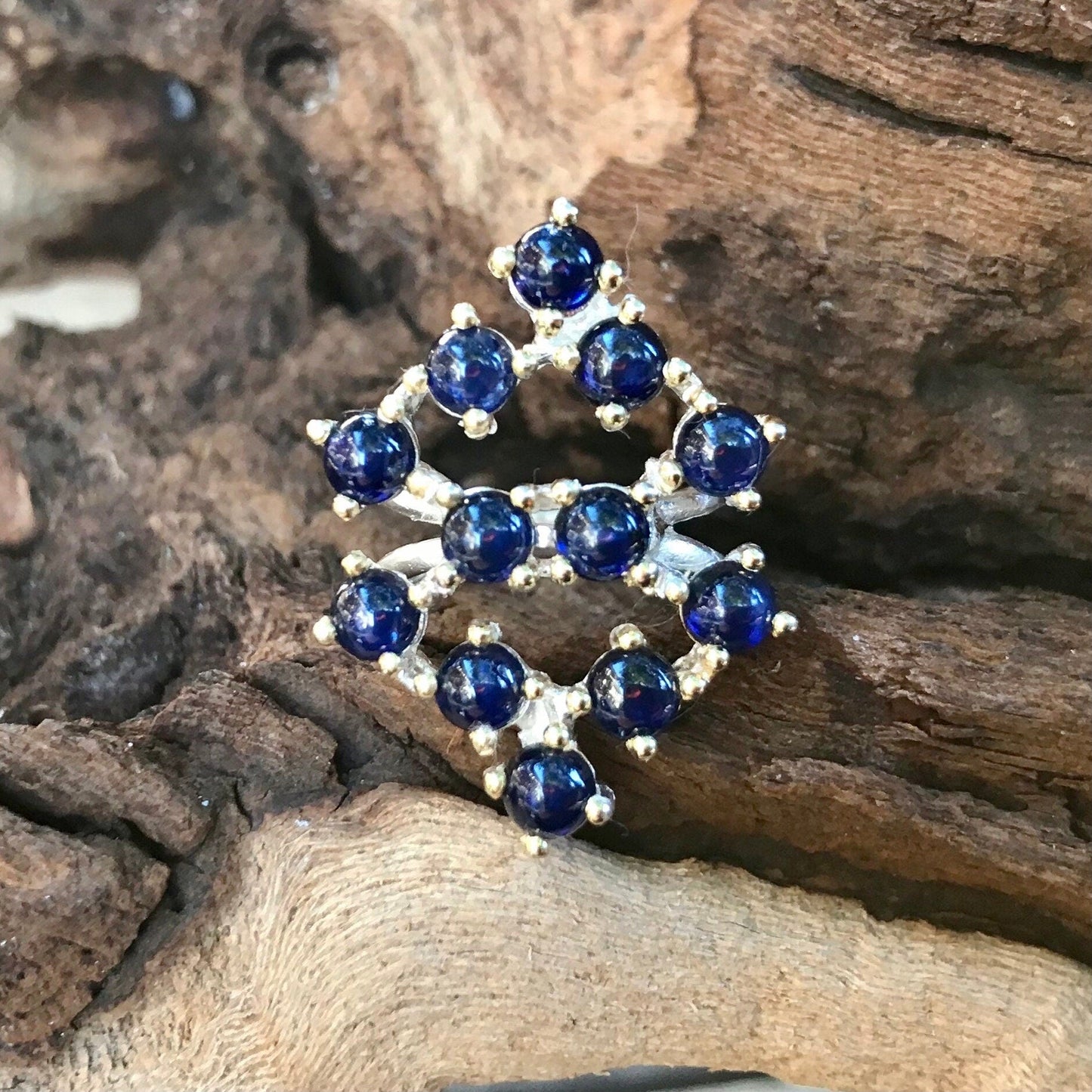 Sterling  Silver Natural Sapphire cluster Ring 6 Colors Of Etnika