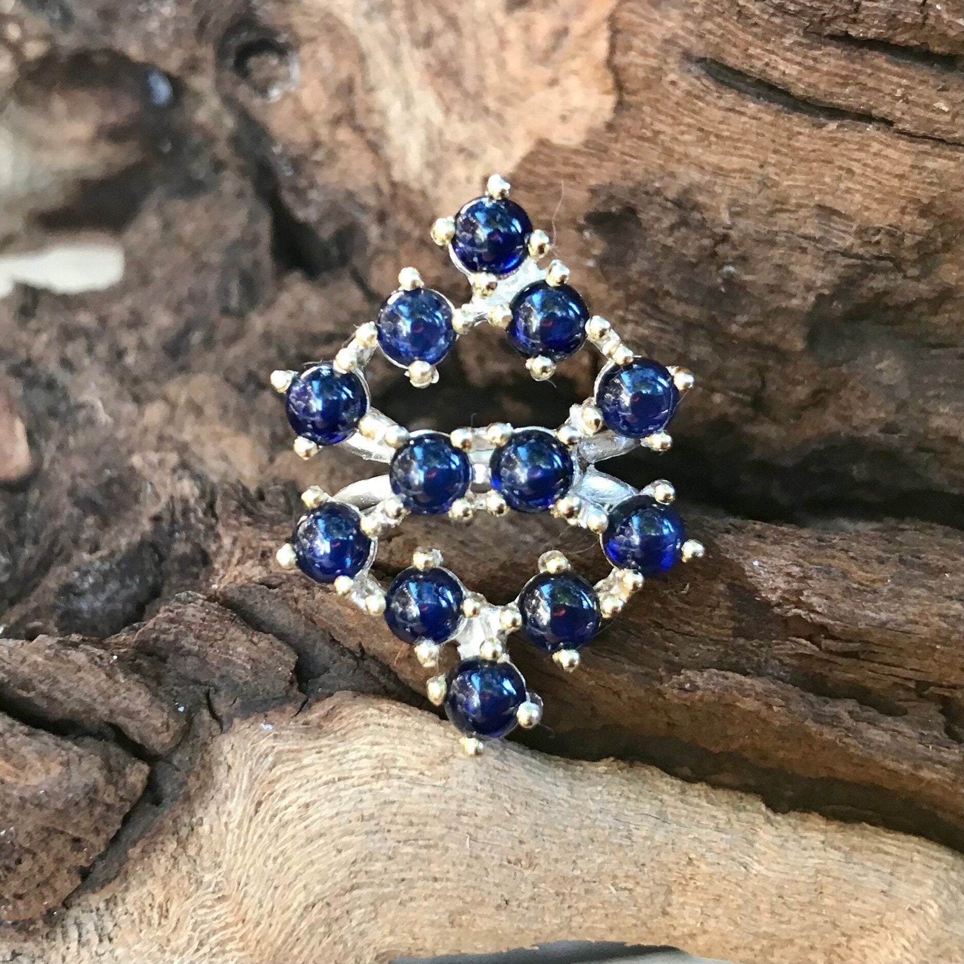 Sterling  Silver Natural Sapphire cluster Ring 6 Colors Of Etnika