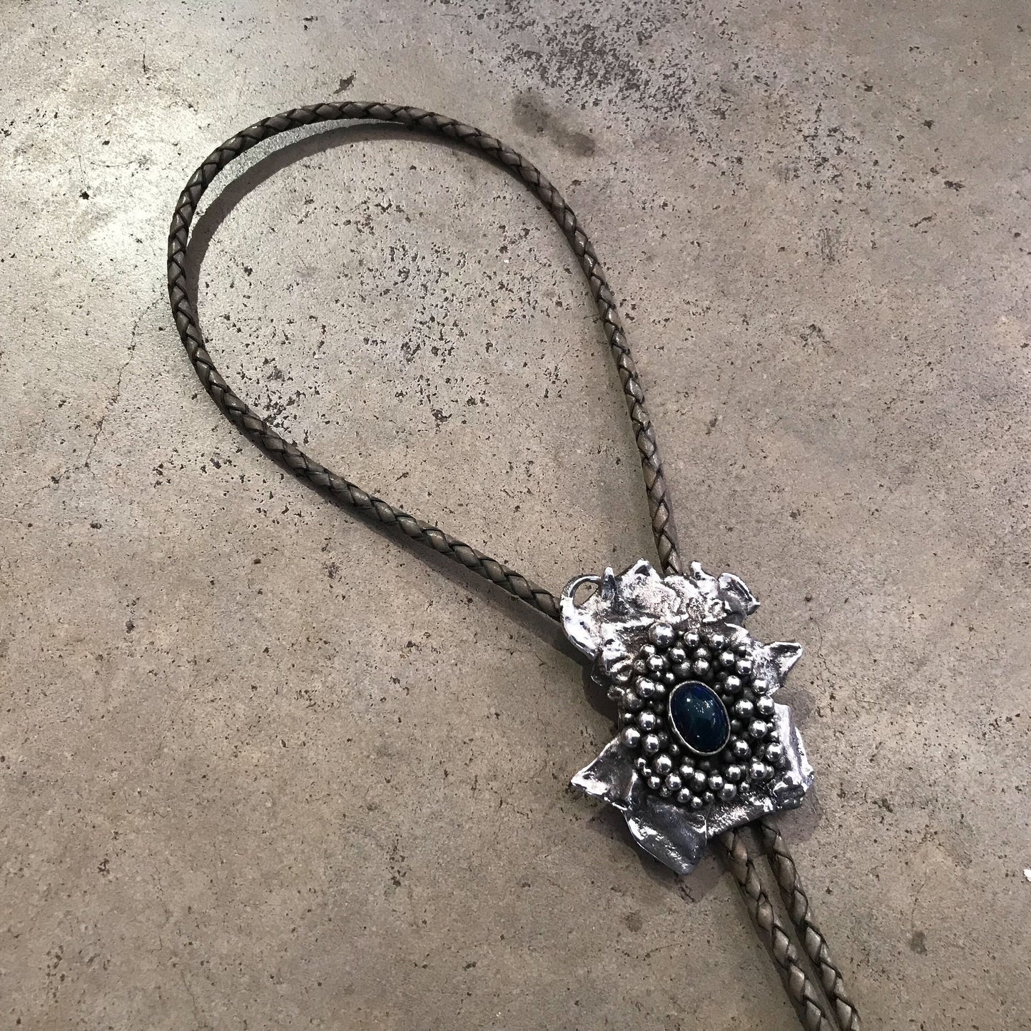 Sterling silver black fire opal brutalist abstract bolo tie necklace