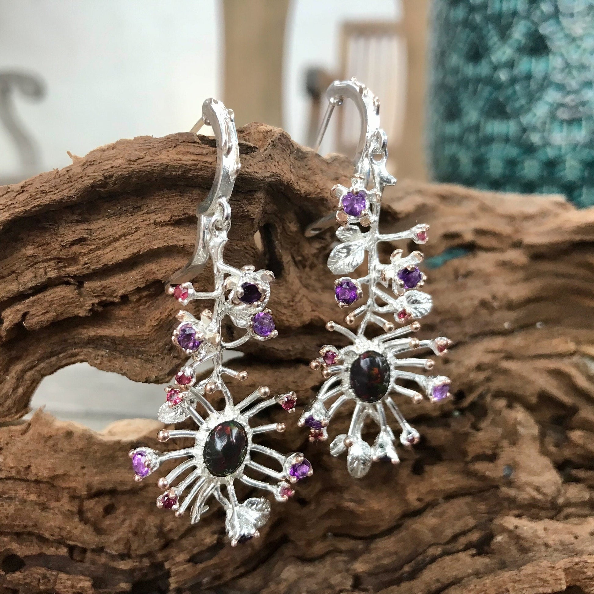 Sterling Silver Rainbow Natural black Opal long earrings Colors Of Etnika