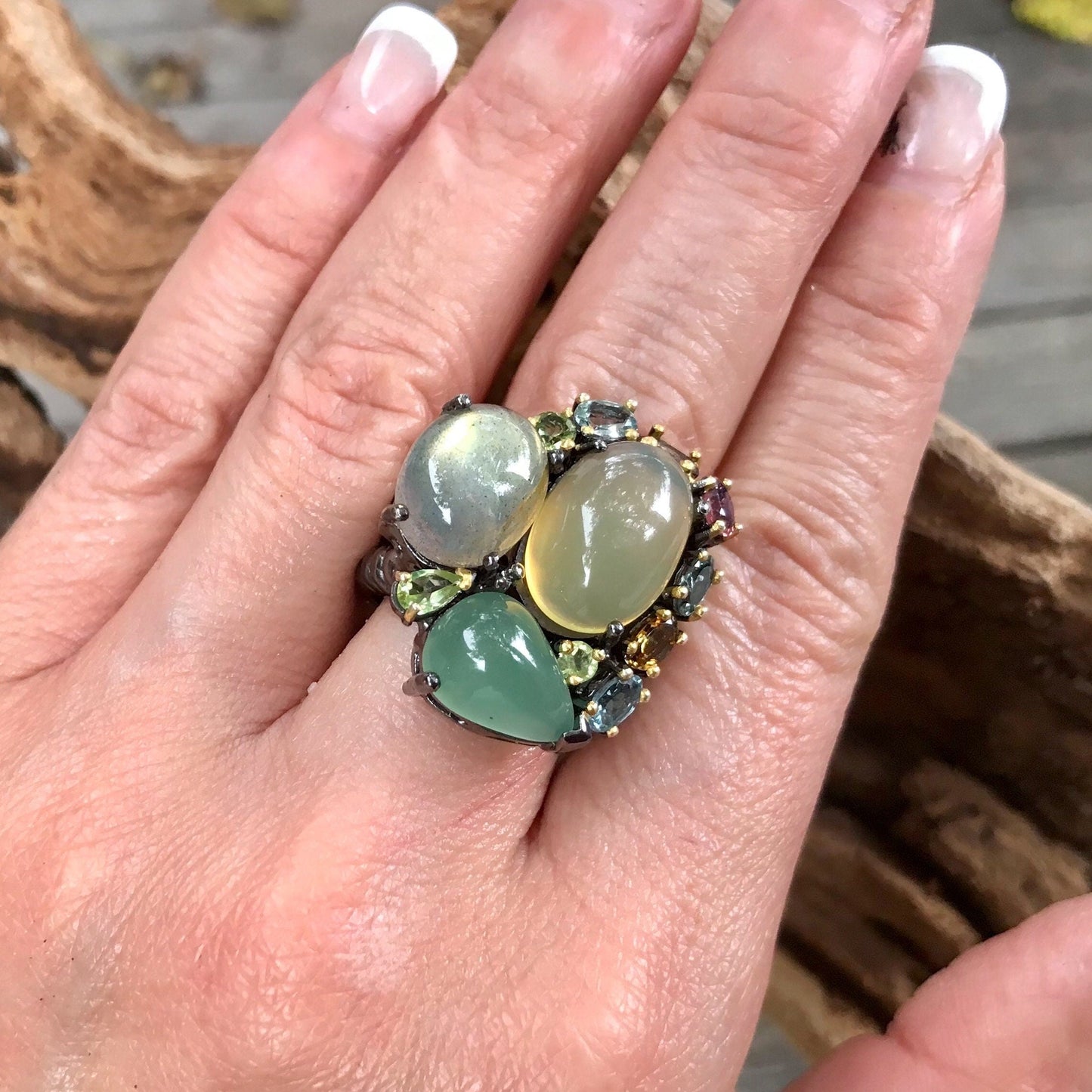 Sterling Silver natural Opal Labradorite Statement 8.5 Colors Of Etnika