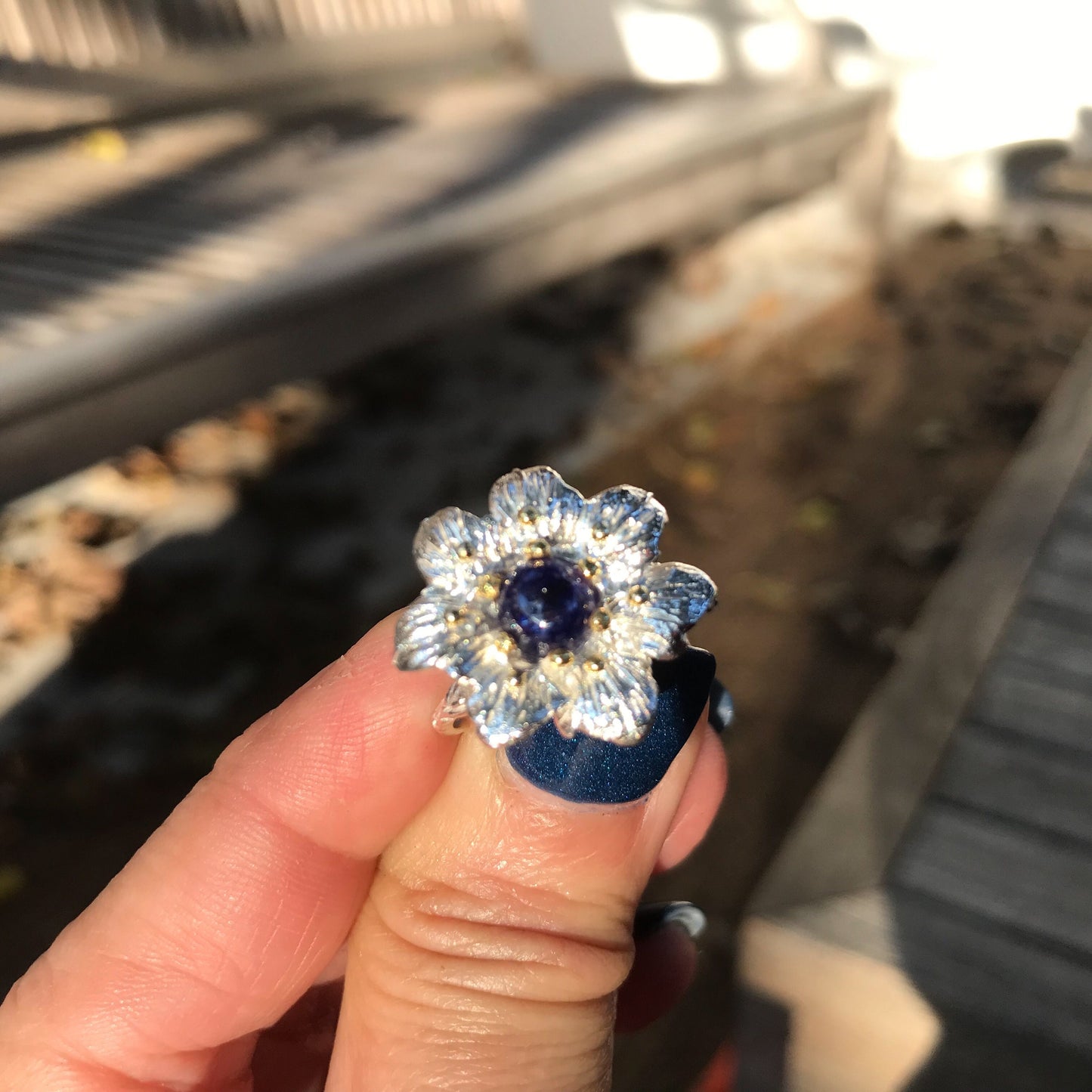 Sterling  Silver Natural Sapphire flower  Ring 7