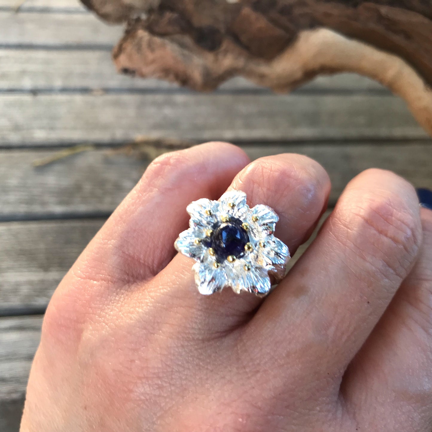 Sterling  Silver Natural Sapphire flower  Ring 7