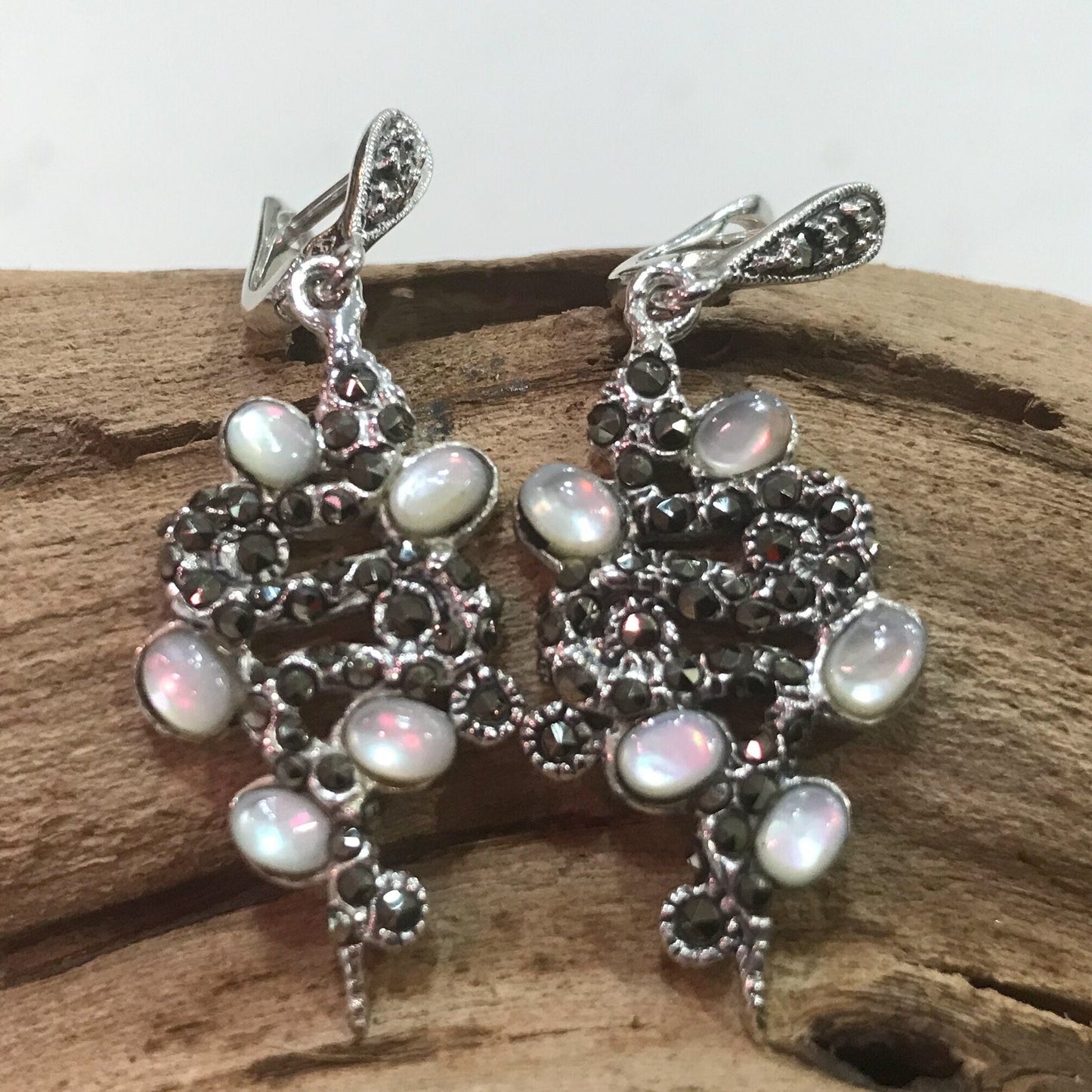 sterling silver marcasite snake  MOP Artisan earrings Colors Of Etnika