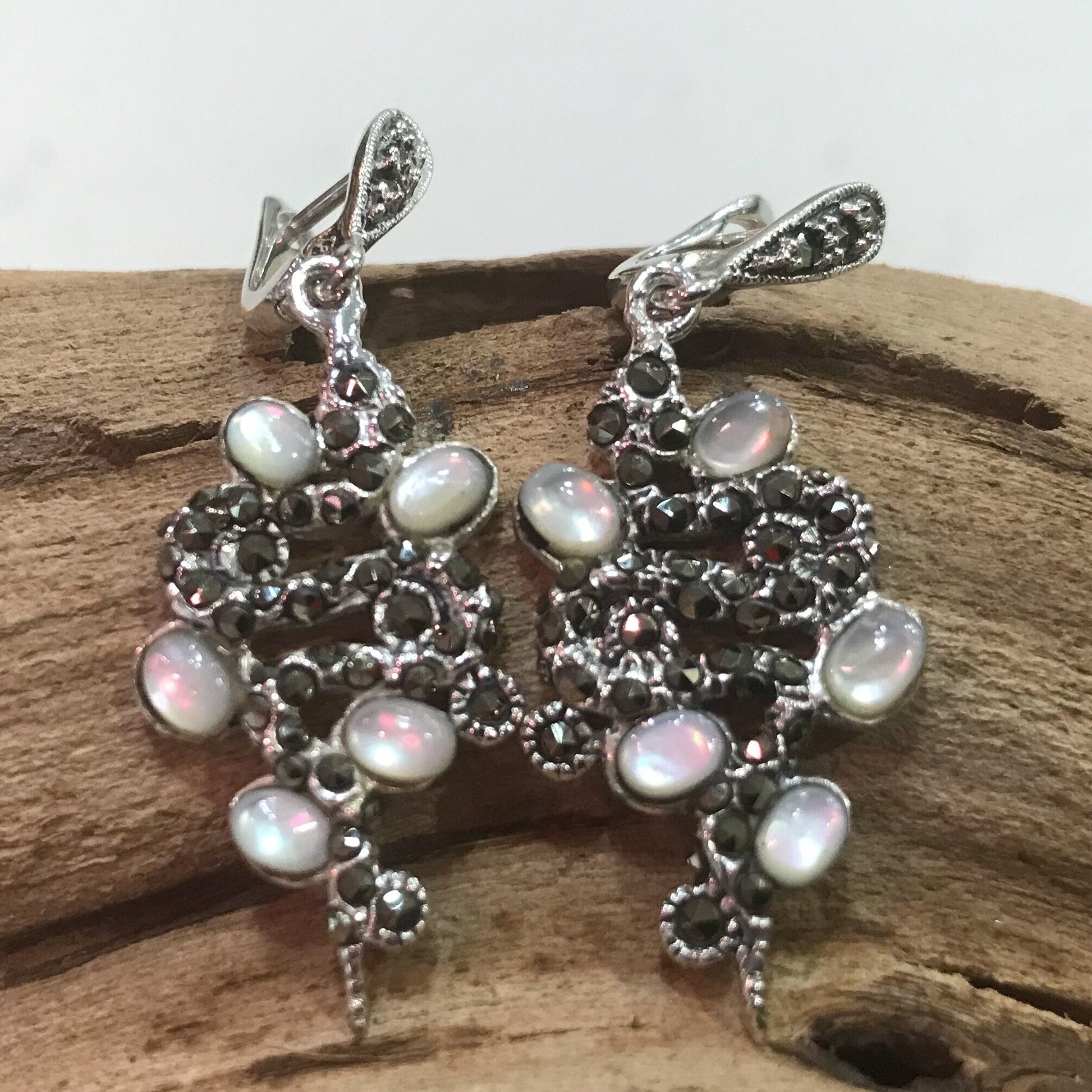 sterling silver marcasite snake  MOP Artisan earrings Colors Of Etnika
